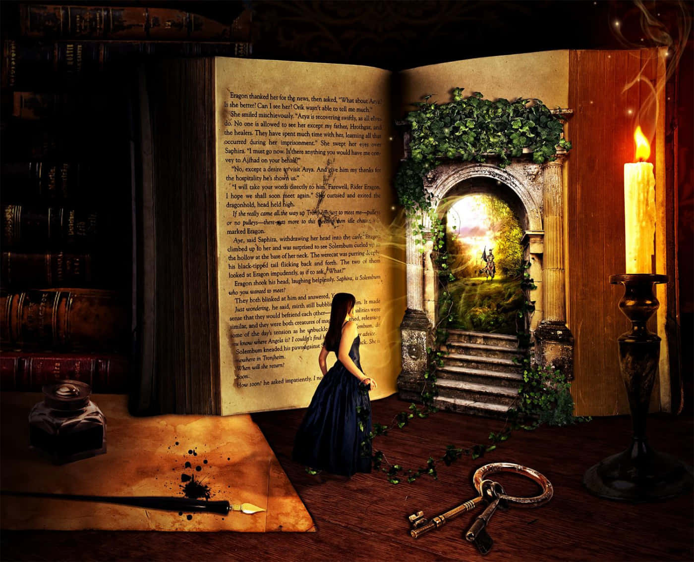 Fantasy Books 桌布 壁紙 — 一個女孩站在一個從打開的書中出現的魔法門口前，身處一個充滿燭光、擺滿復古書籍和鑰匙的書房。