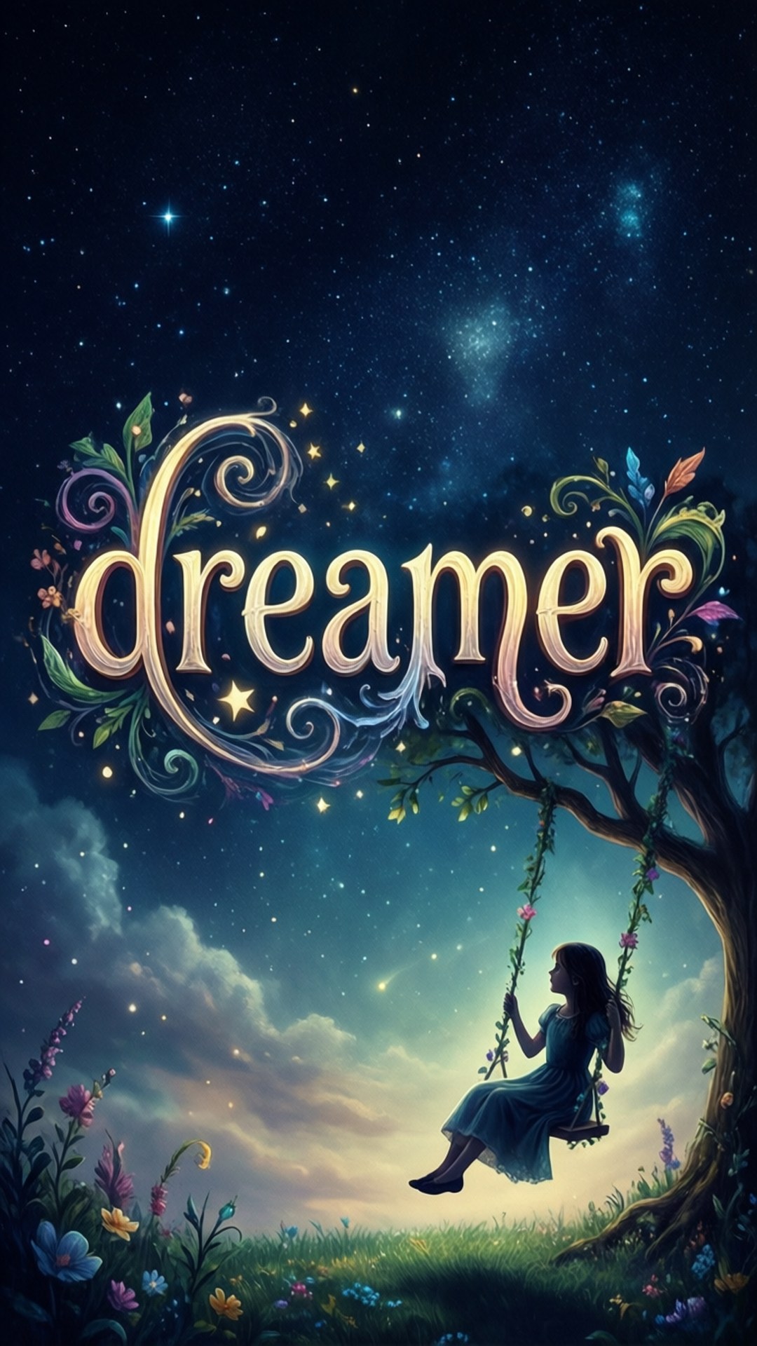 Dreamer Night Sky 壁紙 — 一個穿著藍色連衣裙的女孩在星空下盪鞦韆，而「夢想家」一詞在她上方閃耀著花卉漩渦。