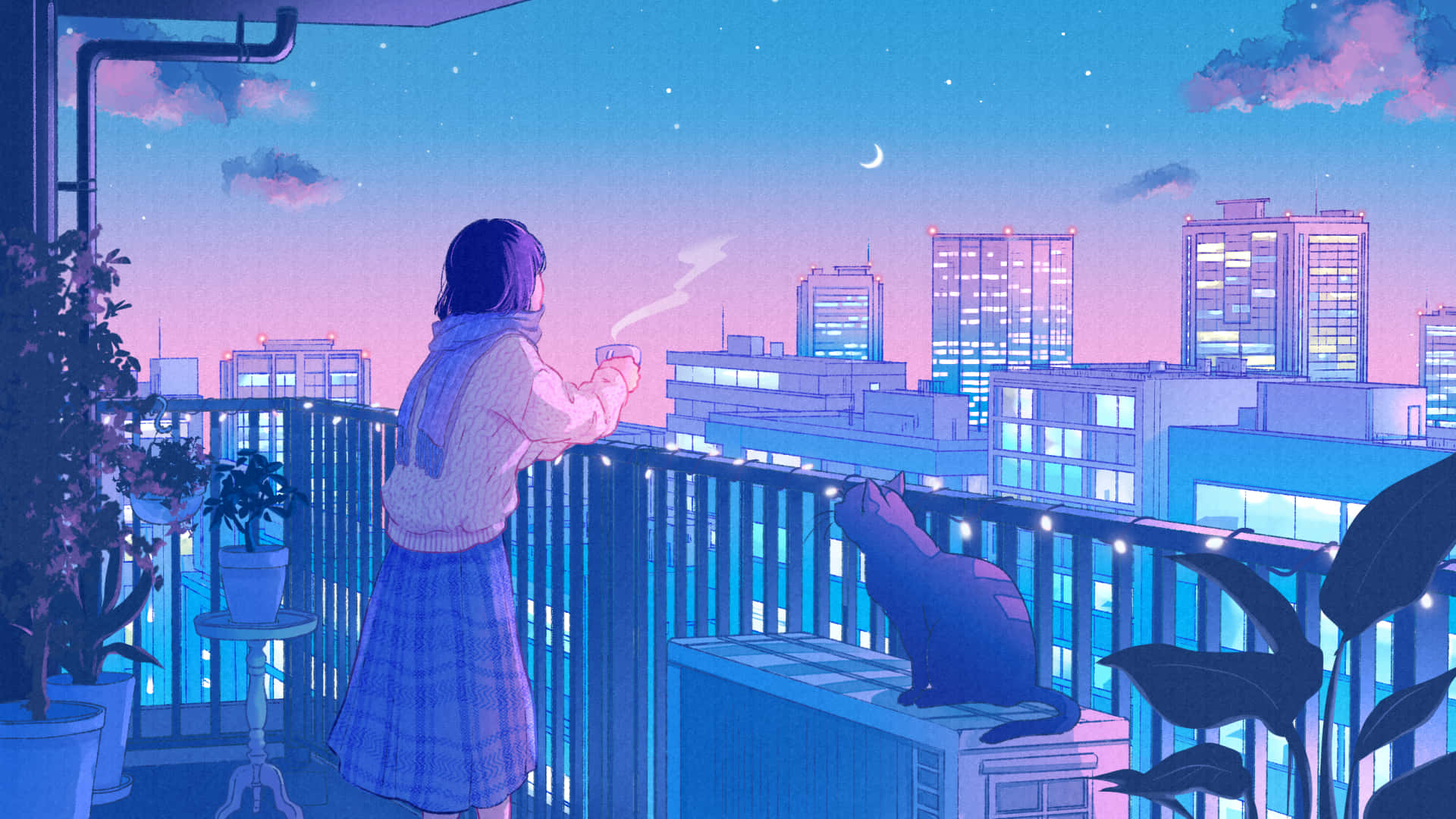 女孩與貓在陽台上享受茶，城市燈光在星空下閃爍。 — 動漫女孩 壁紙