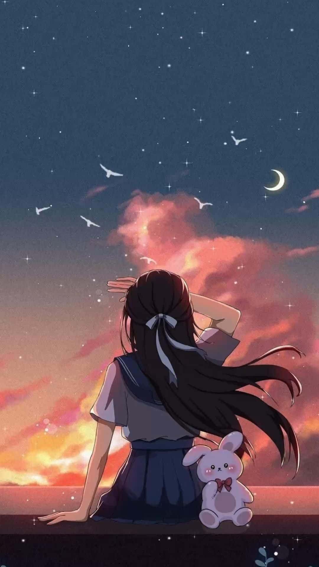  壁紙 — 一個長長深色頭髮的女孩在黃昏時坐在窗台上，凝視著星空，有新月和飛鳥，旁邊是她的毛絨兔子。