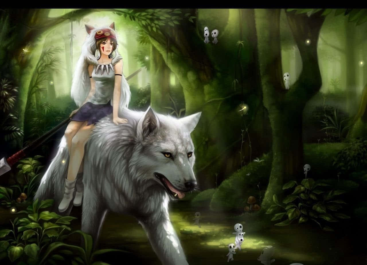  壁紙 — 一個有狼耳朵的女孩騎著一頭白狼穿過一個神秘的綠色森林，森林中閃爍著漂浮的光芒和小小的幽靈般的身影。