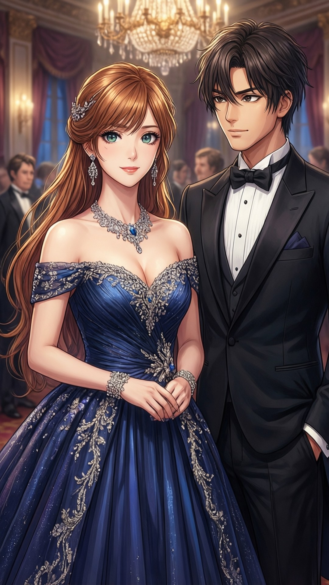 Ballroom Elegance 壁紙 — 一對華麗的動漫情侶穿著正式服裝，站在豪華舞廳的水晶吊燈下。