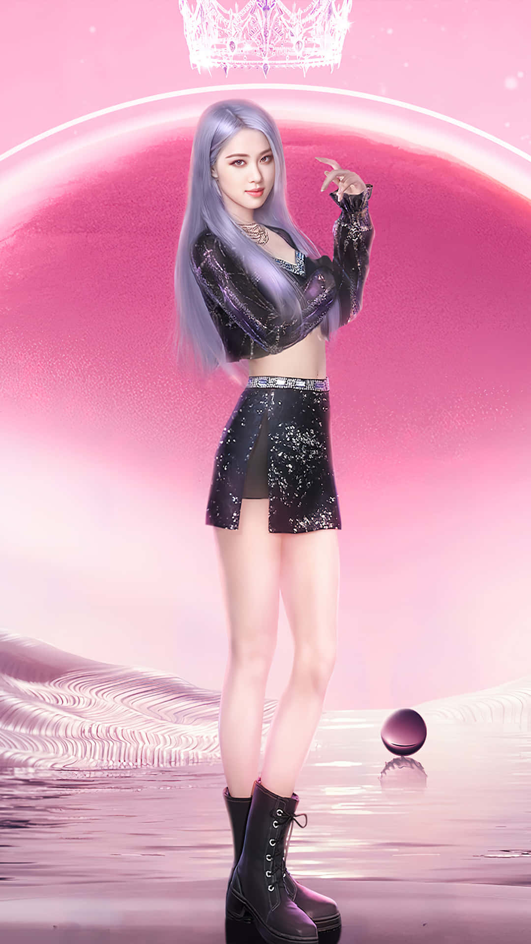 穿著亮片服裝的動漫女孩，在發光的粉紅色圓頂下，頭頂有皇冠。 — Blackpink 壁紙