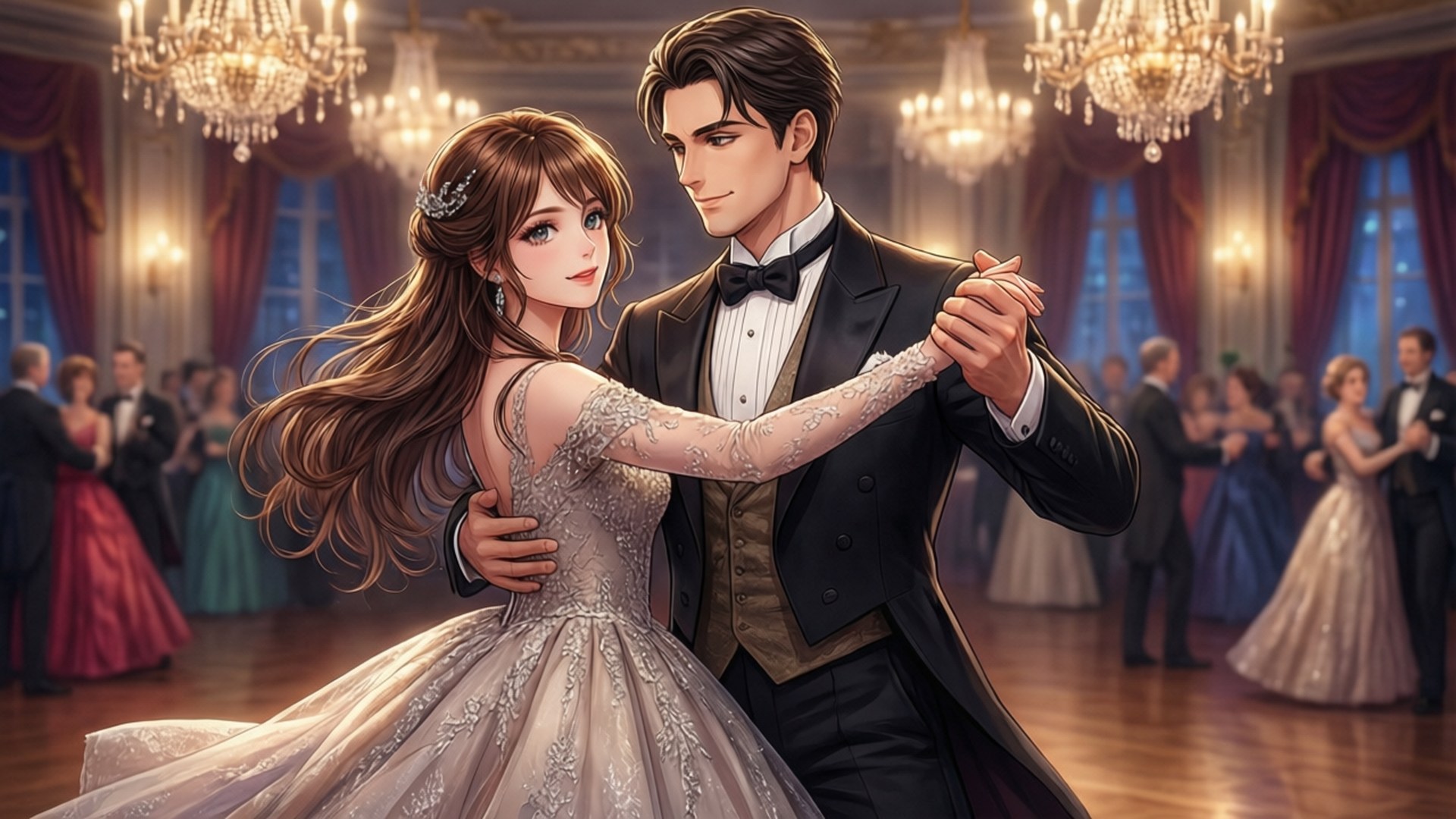 Ballroom Dance 壁紙 — 一對魅力情侶在華麗的舞廳中，在閃爍的水晶燈下親密共舞，賓客皆穿著正式服裝。