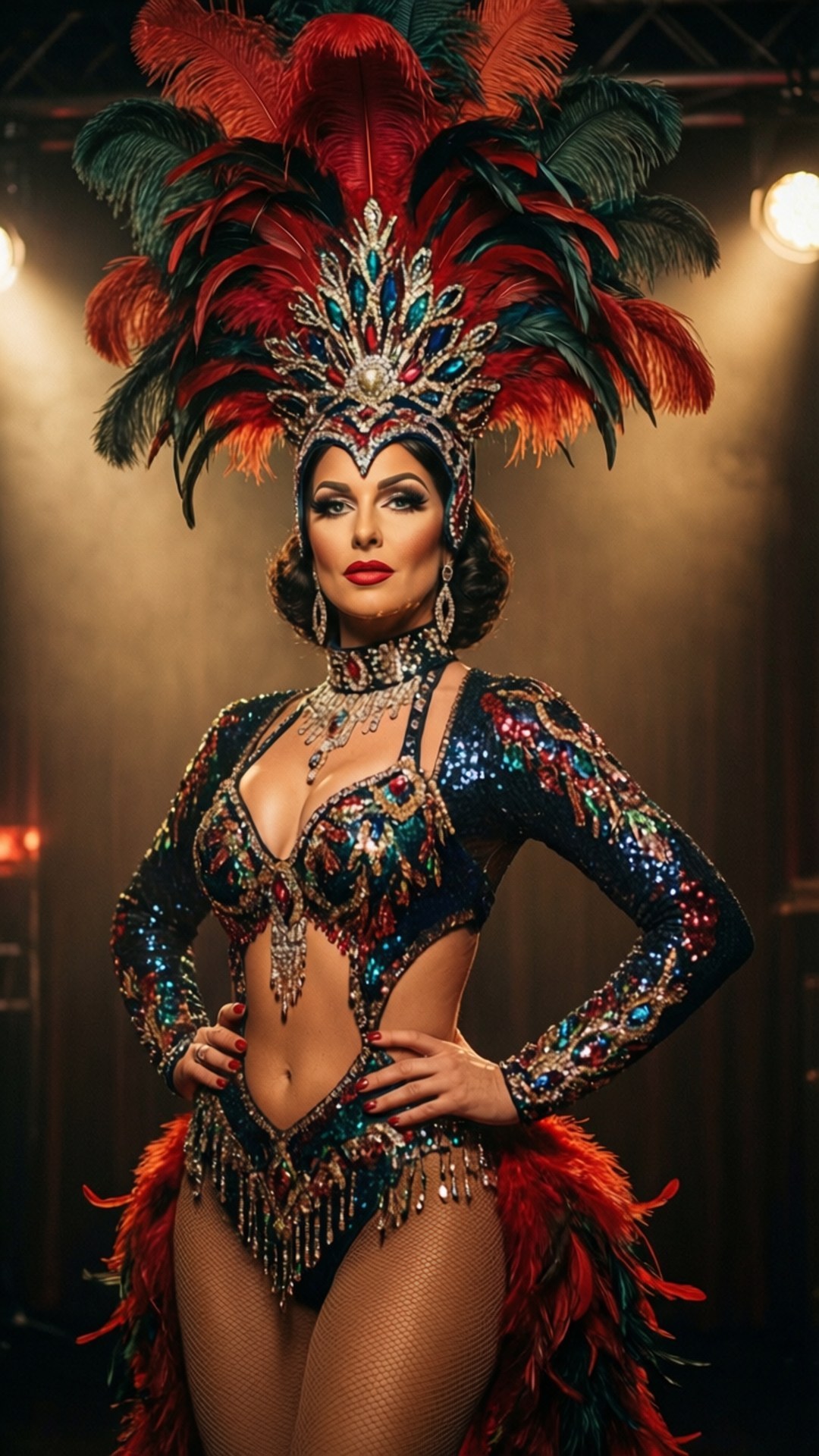 Las Vegas Showgirl 壁紙 — 一位華麗的表演者戴著耀眼的羽毛頭飾和閃亮珠片服裝，在舞台燈光下自信地擺姿勢。