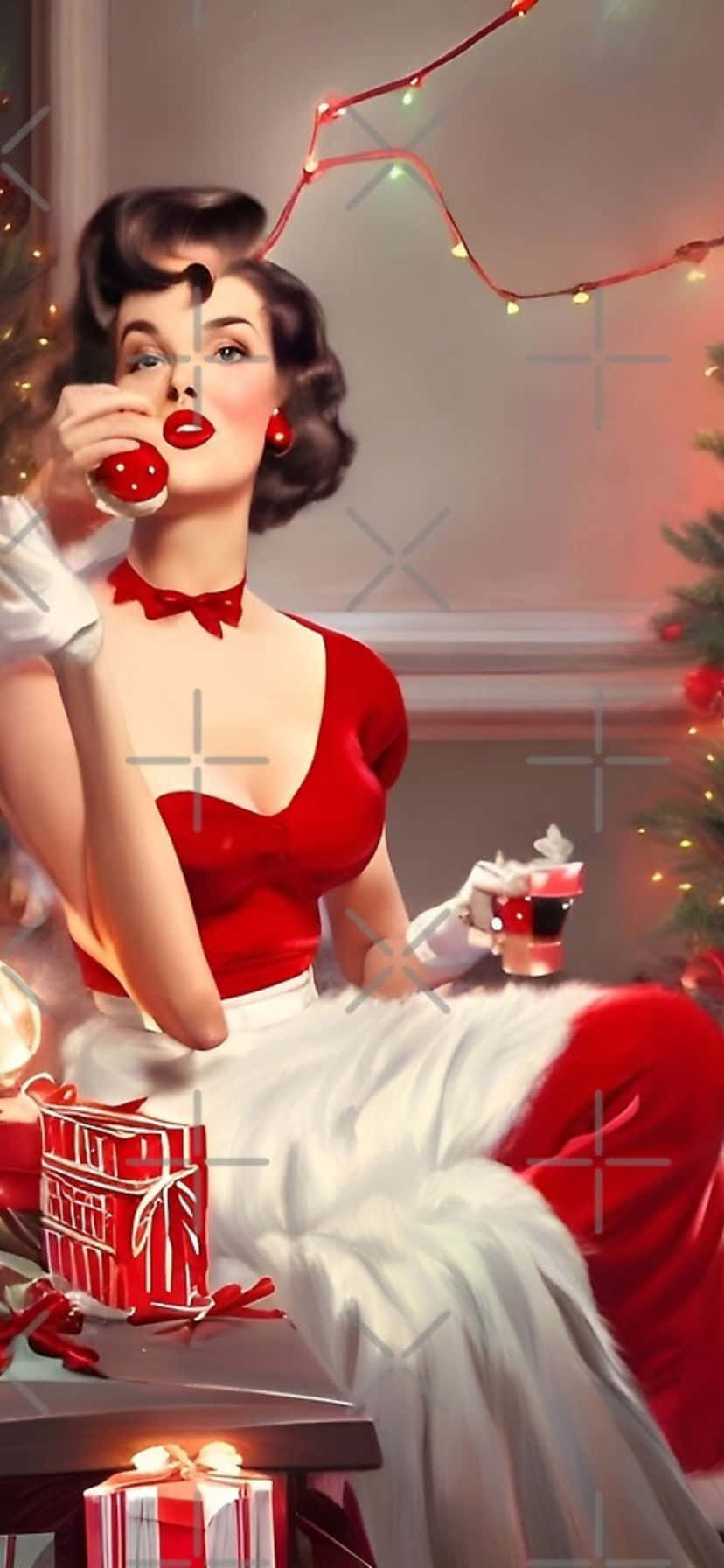  壁紙 — 一位身穿紅色連衣裙的迷人 pinup 女士，從聖誕裝飾品中啜飲，周圍環繞著節日燈光和禮物。