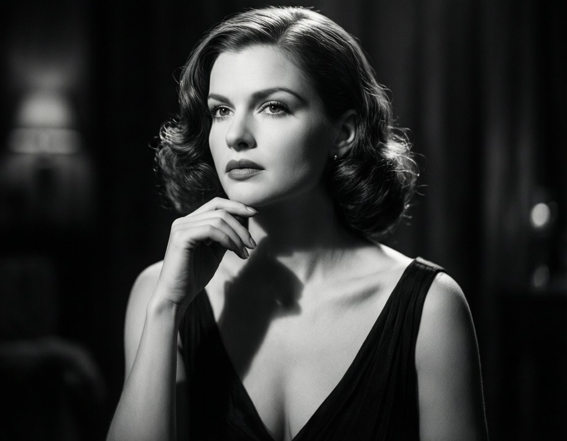 Old Hollywood 壁紙 — 一位身穿黑色連衣裙的魅力女性在戲劇性的攝影棚燈光下，手靠近下巴若有所思地擺姿勢。