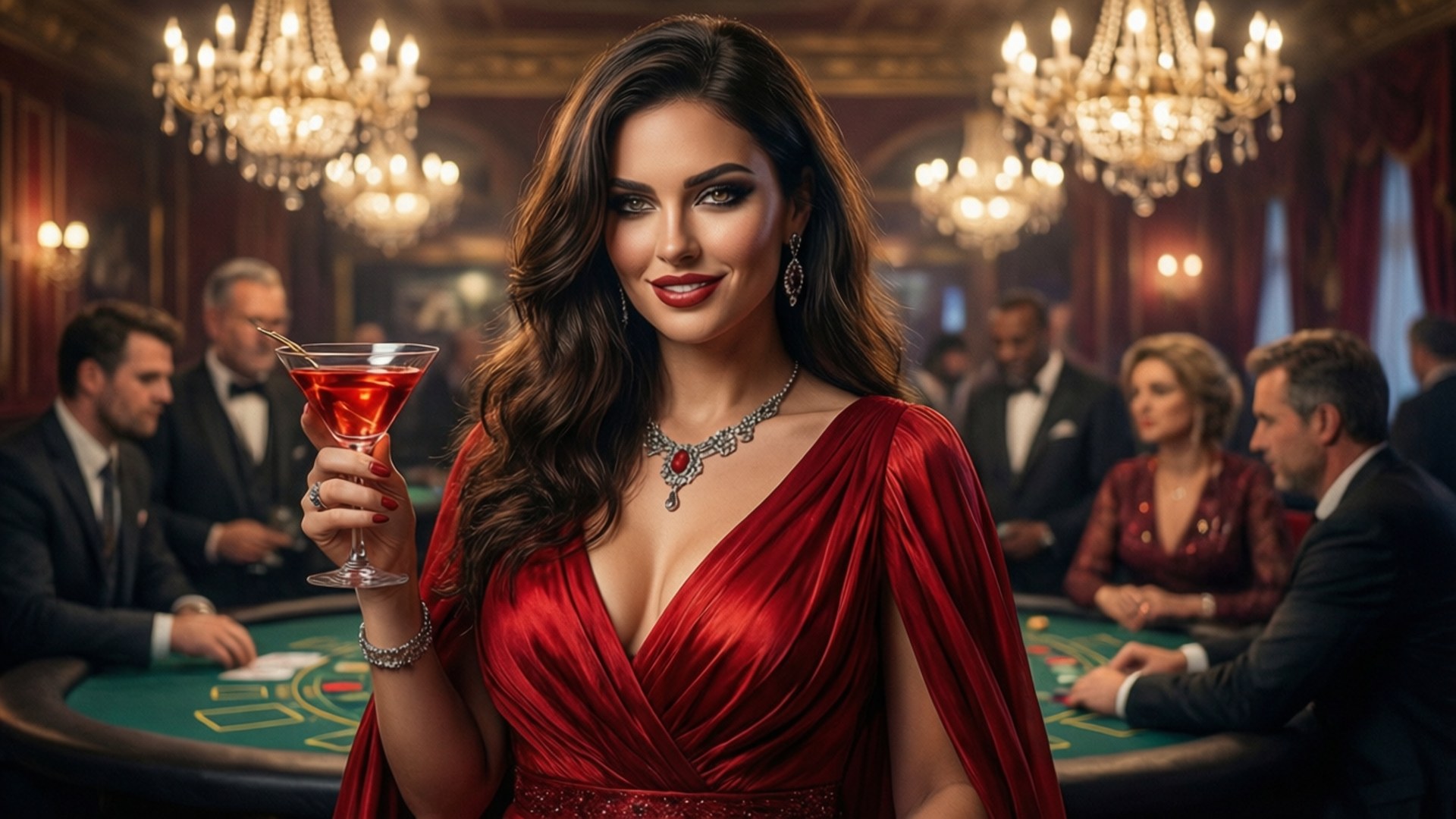 Casino Temptress 壁紙 — 一位穿著紅色長裙的迷人女士，在閃爍的水晶吊燈下，於豪華賭桌旁手持馬丁尼。