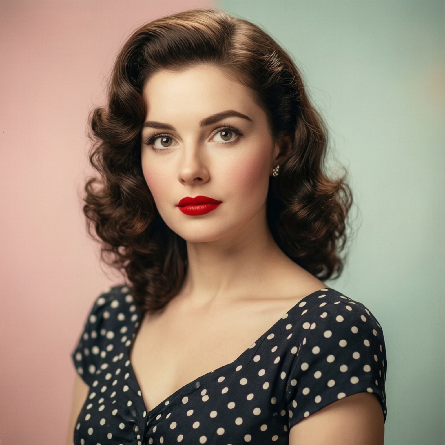 Emmanuelle Vaugier 桌布 壁紙 — 一位迷人女性，擁有復古捲髮和大膽紅唇，穿著波點連衣裙，背景是柔和的粉紅色和藍綠色。