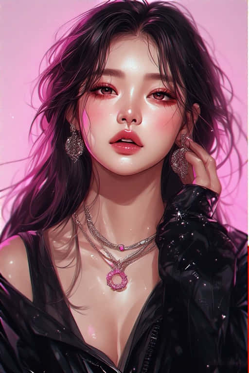 一位穿著黑色光澤外套和閃閃發光珠寶的女性，背景為粉紅色。 — Blackpink 壁紙