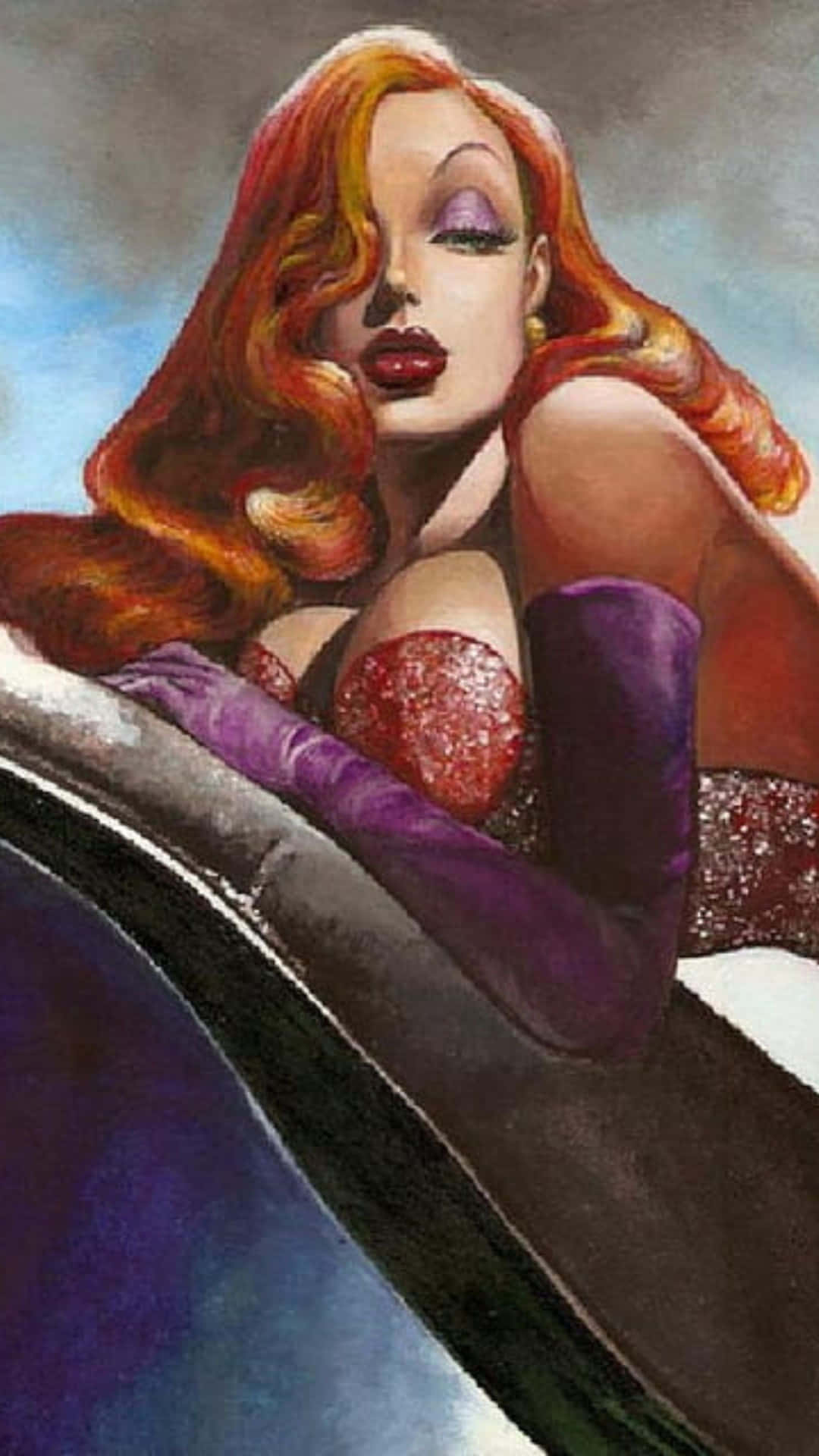  壁紙 — 一位魅力四射的女士，擁有火紅的頭髮和紫色的眼睛，優雅地斜倚在一輛時尚的汽車中，穿著閃閃發光的紅色和紫色服裝。
