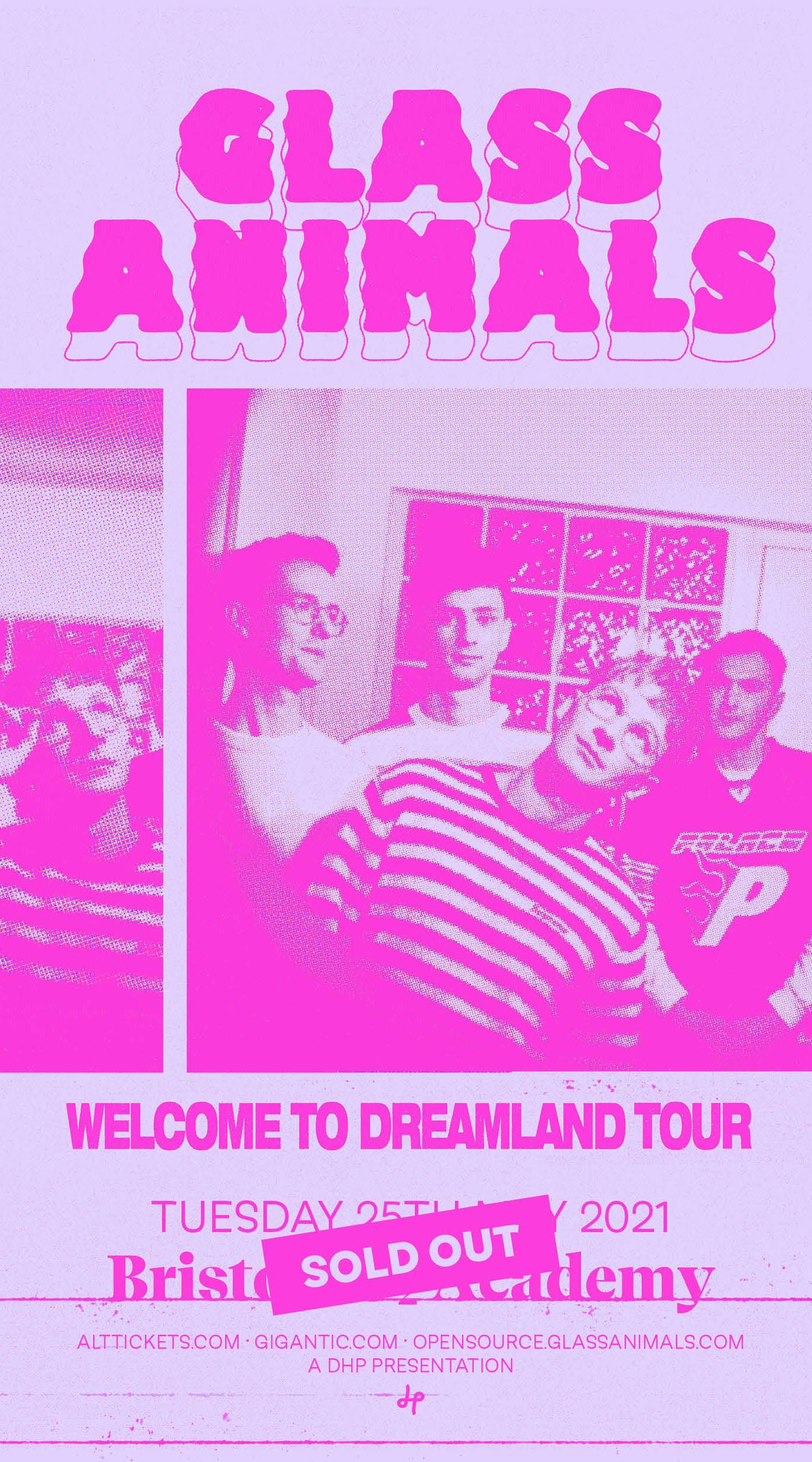 animals 桌布 壁紙 — Glass Animals Dreamland Tour 的粉紅色調音樂會海報，以風格化照片展示樂團成員。