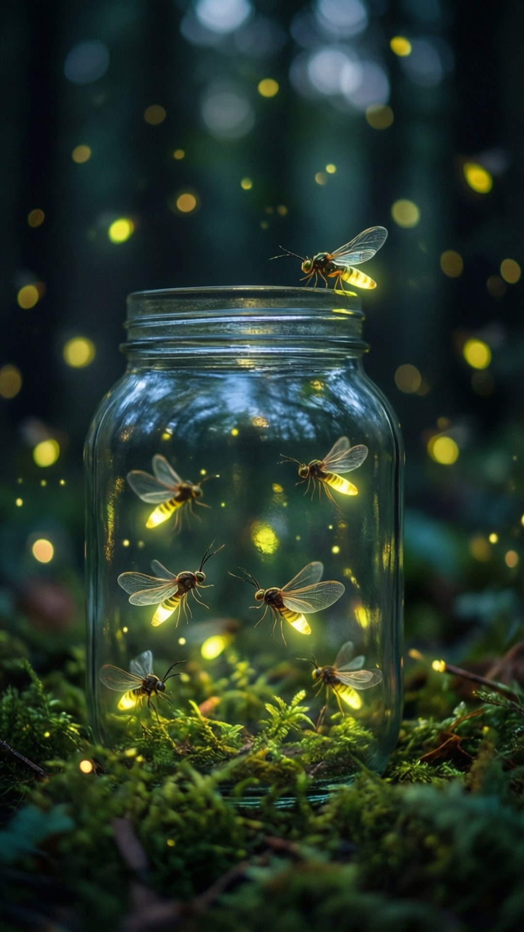 Firefly Jar 壁紙 — 一個裝滿發光螢火蟲的玻璃罐放在黑暗森林的苔蘚上，周圍還有更多螢火蟲飄浮。