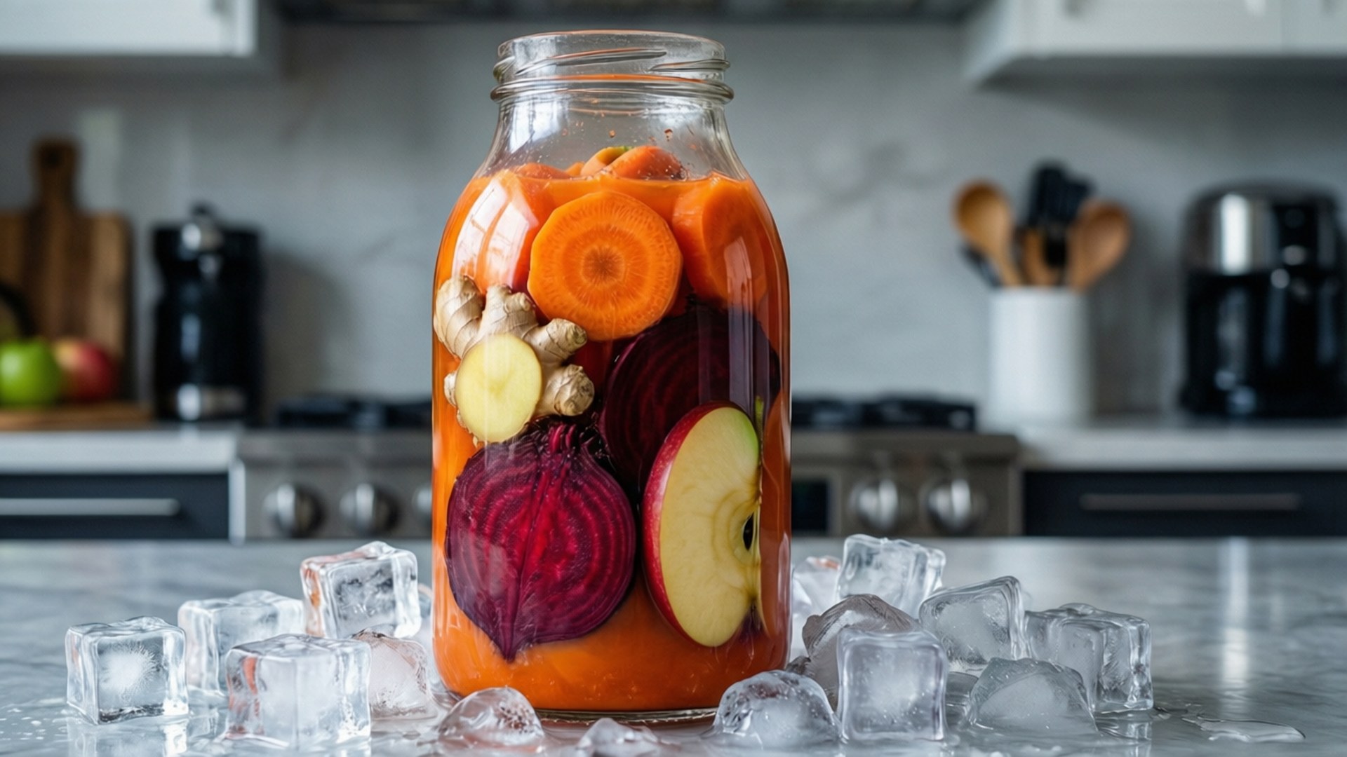 Colon Detox Juice 壁紙 — 一個玻璃罐裝滿了充滿活力的橙色液體和色彩繽紛的蔬菜，如胡蘿蔔、甜菜和蘋果片，放在廚房檯面上，周圍環繞著冰塊。