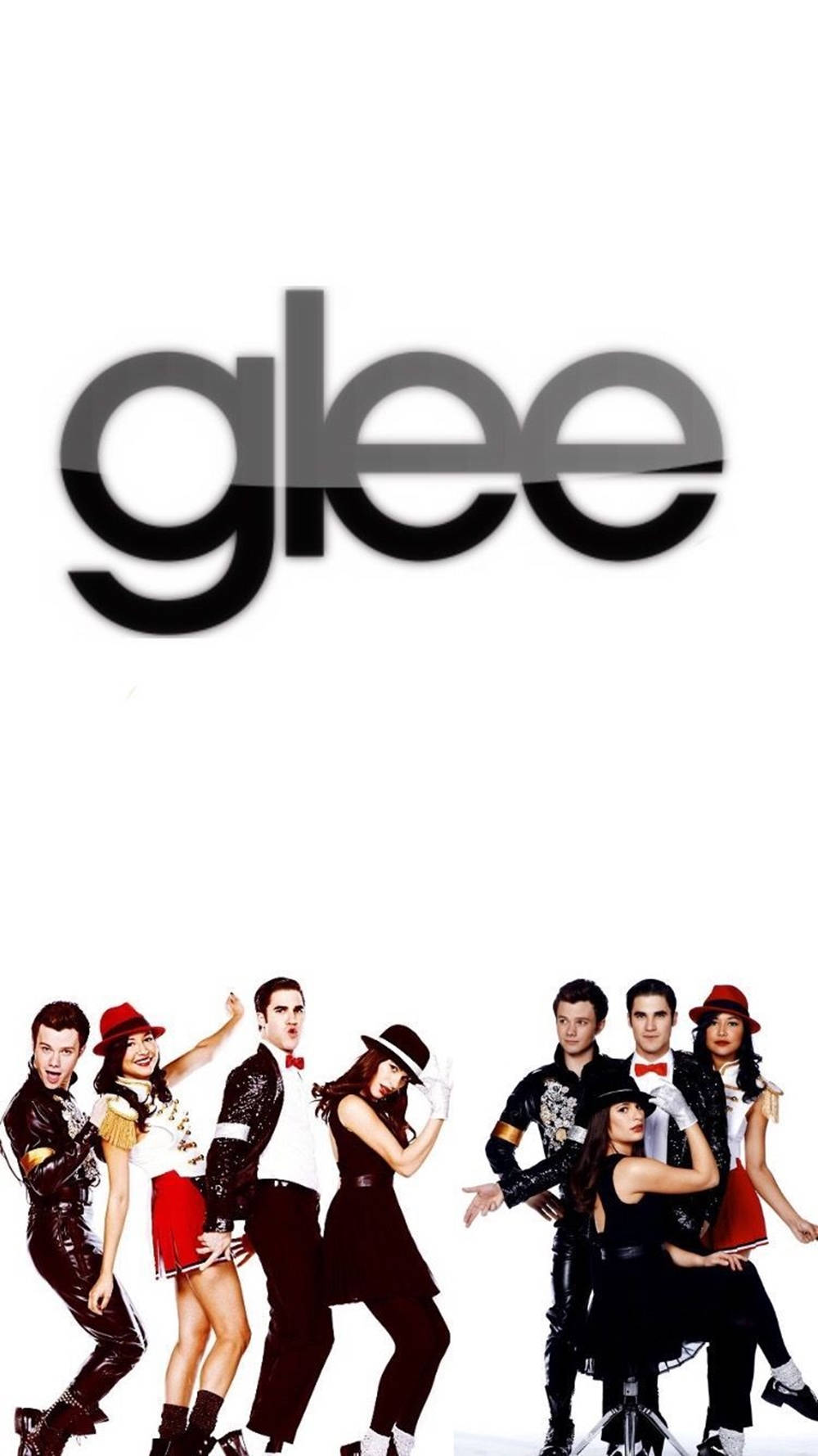 tv 桌布 壁紙 — Glee 演員在節目的醒目標誌下，以時尚服裝擺出動感姿勢，背景為純白色。