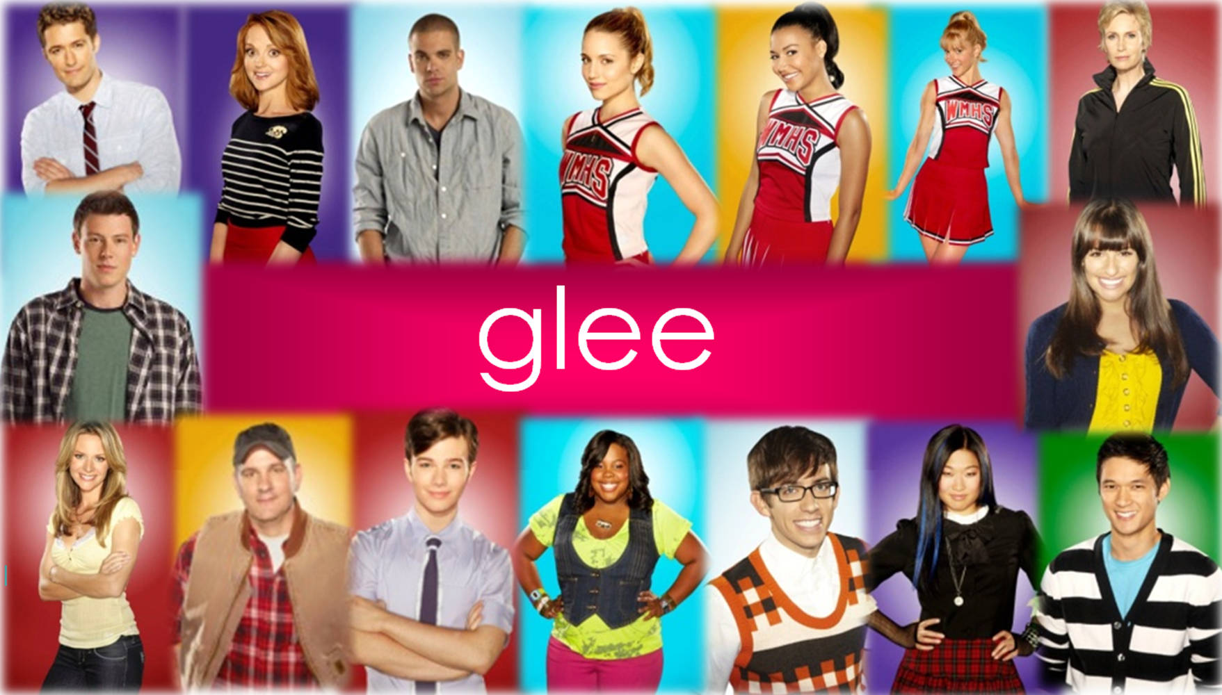 tv 桌布 壁紙 — Glee 的演員在色彩鮮豔的背景前自信地擺姿勢，節目名稱居中。