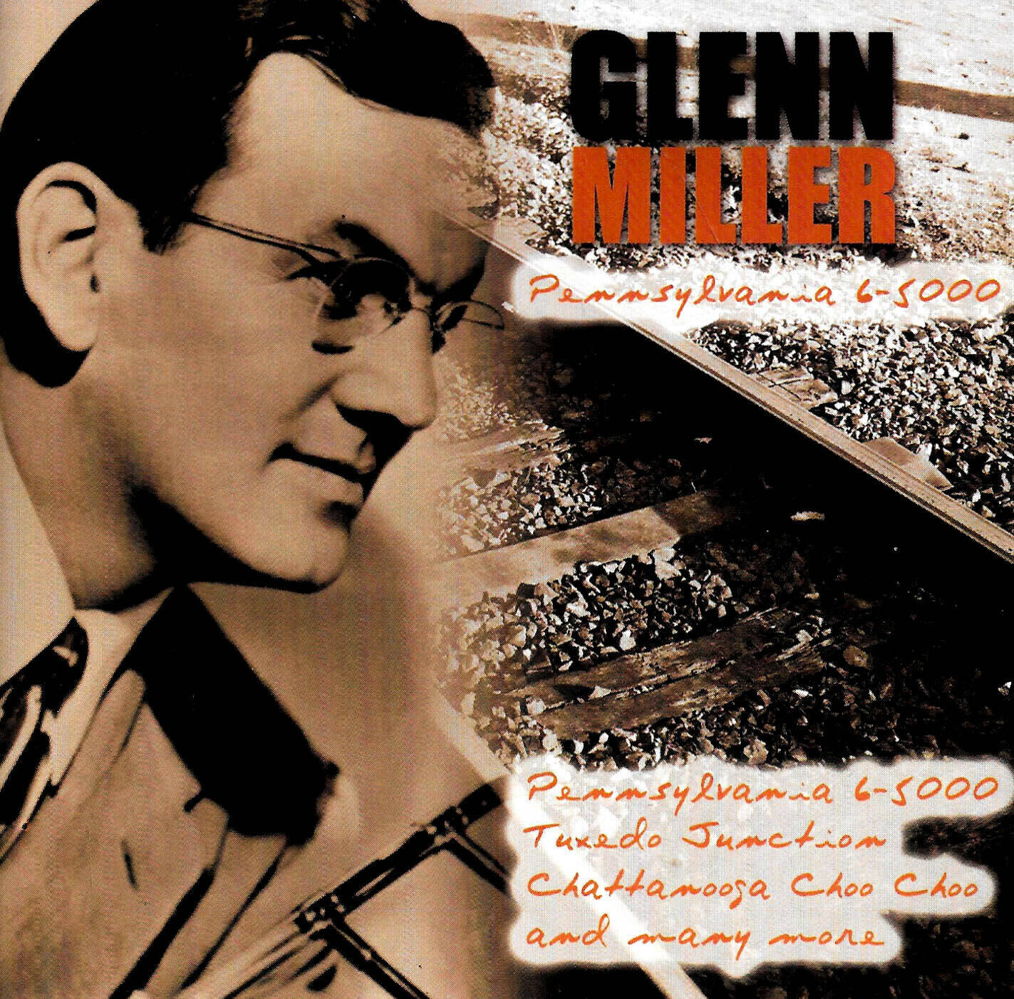Entertainment 桌布 壁紙 — Glenn Miller 在火車軌道旁微笑的復古懷舊肖像，上面疊加了歌曲標題。