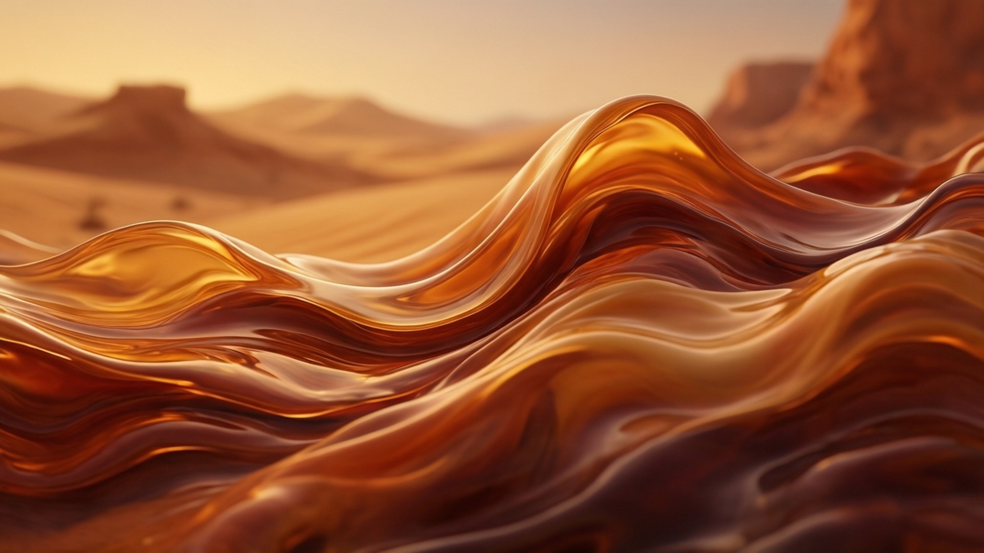 macOS Mojave 桌布 壁紙 — 閃爍的琥珀色液體波浪在溫暖的金色光芒下流過沙漠景觀。