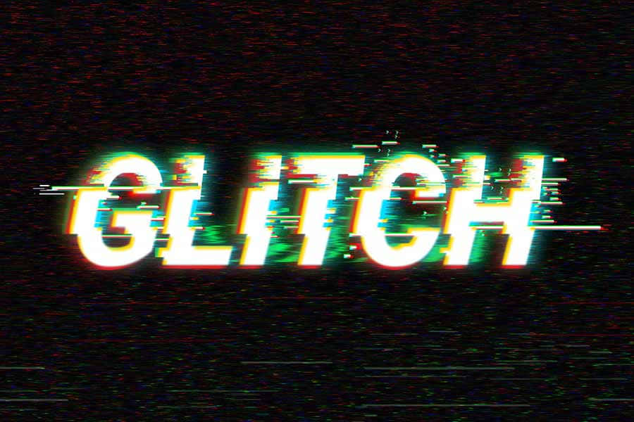 Glitch 桌布 壁紙 — GLITCH 一詞在充滿雜訊的黑色背景上以扭曲的霓虹色彩脈動。