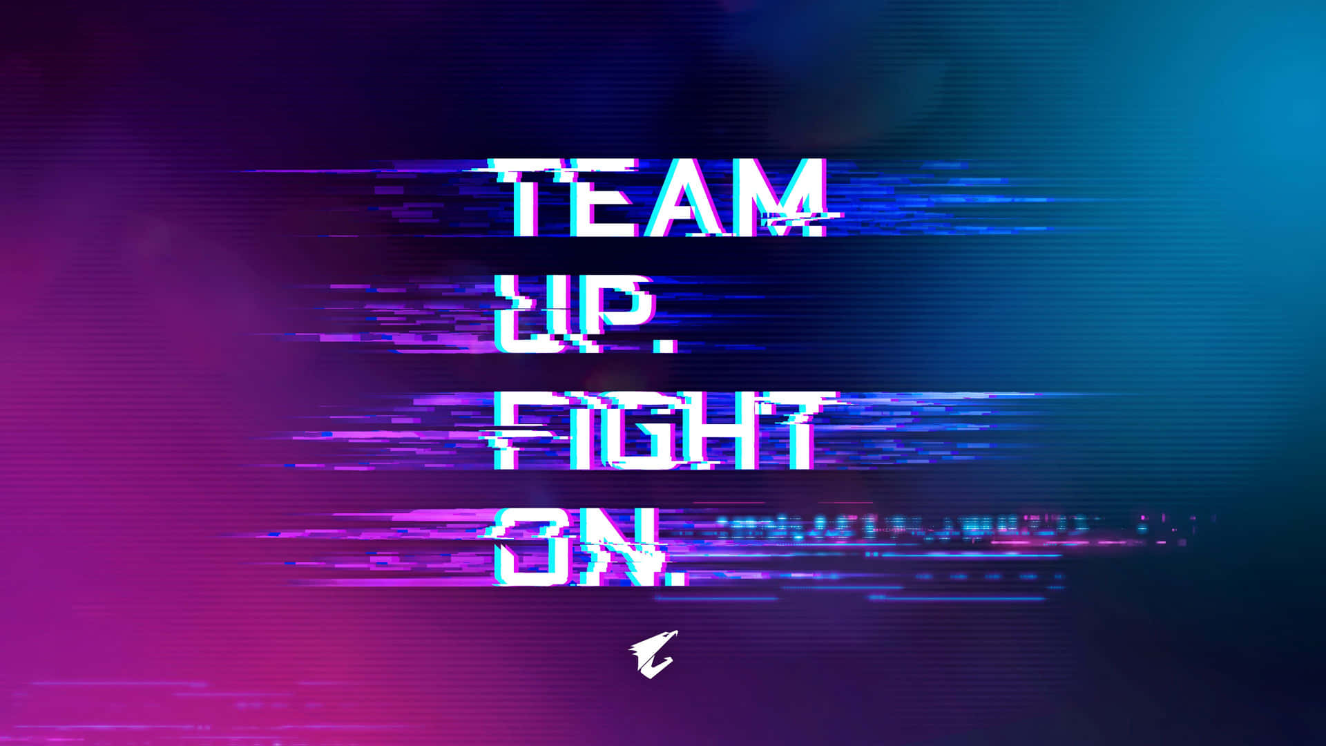 帶有紫色和藍色霓虹效果的故障數位文字，內容為 team up fight on。 — Fire Emblem Warriors 壁紙