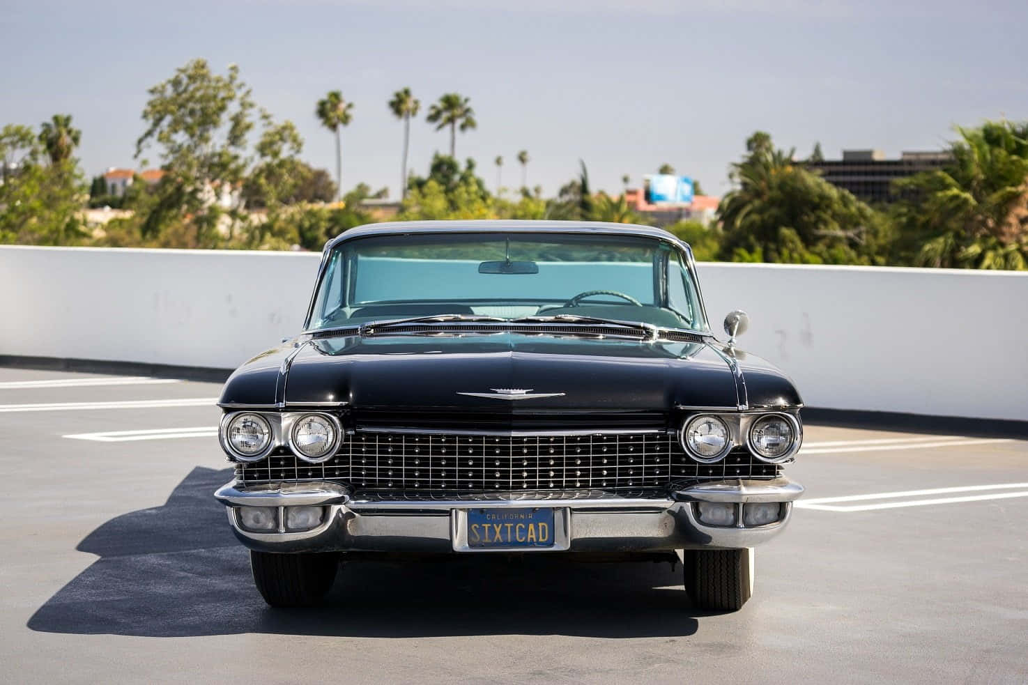 Cadillac Deville 桌布 壁紙 — 一輛閃亮的黑色1960年代凱迪拉克，帶有鍍鉻細節，停放在陽光普照的屋頂停車場，背景有棕櫚樹。