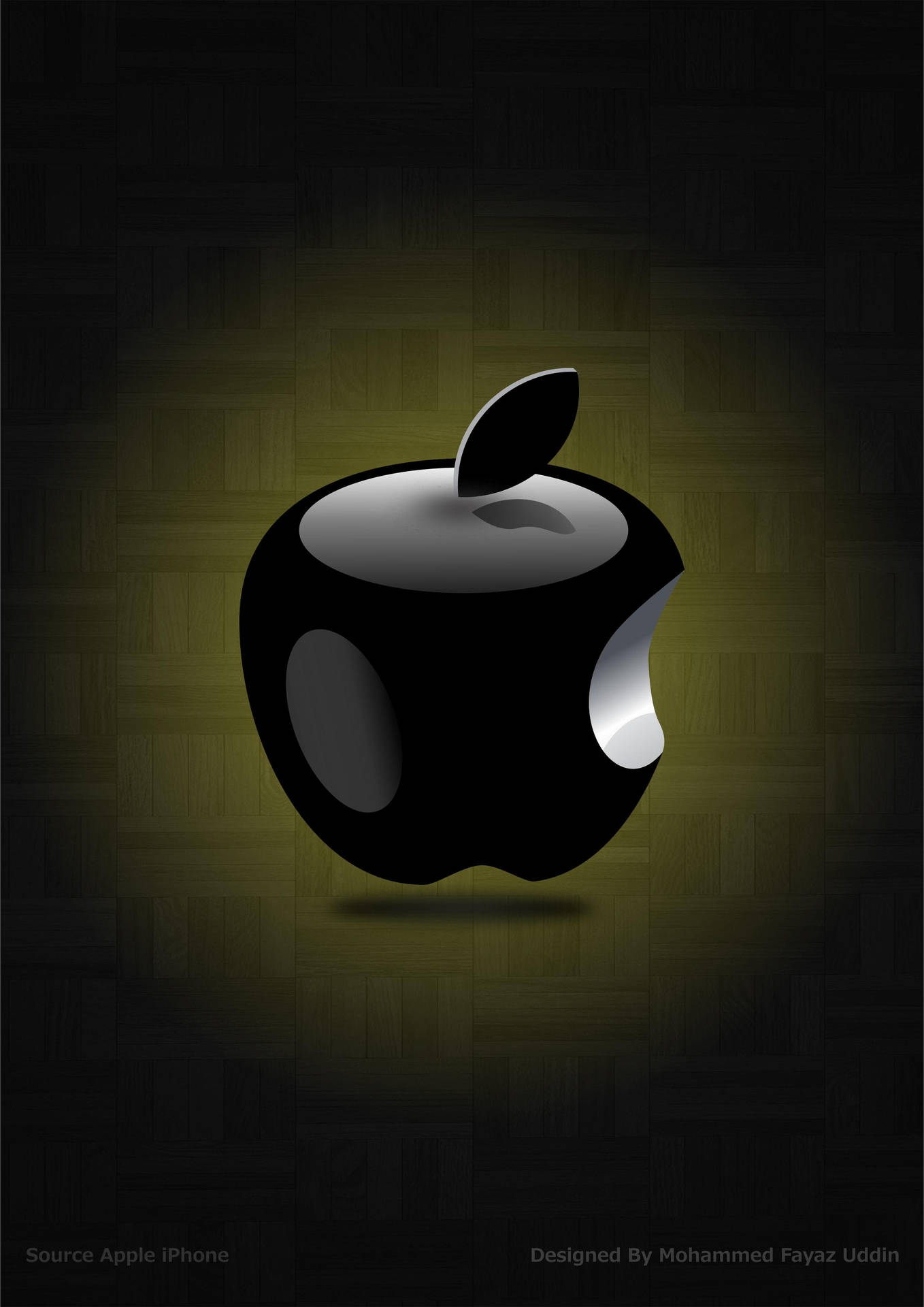 帶有咬痕的光澤黑色Apple標誌在深色木質背景上被照亮。 — 3D 壁紙