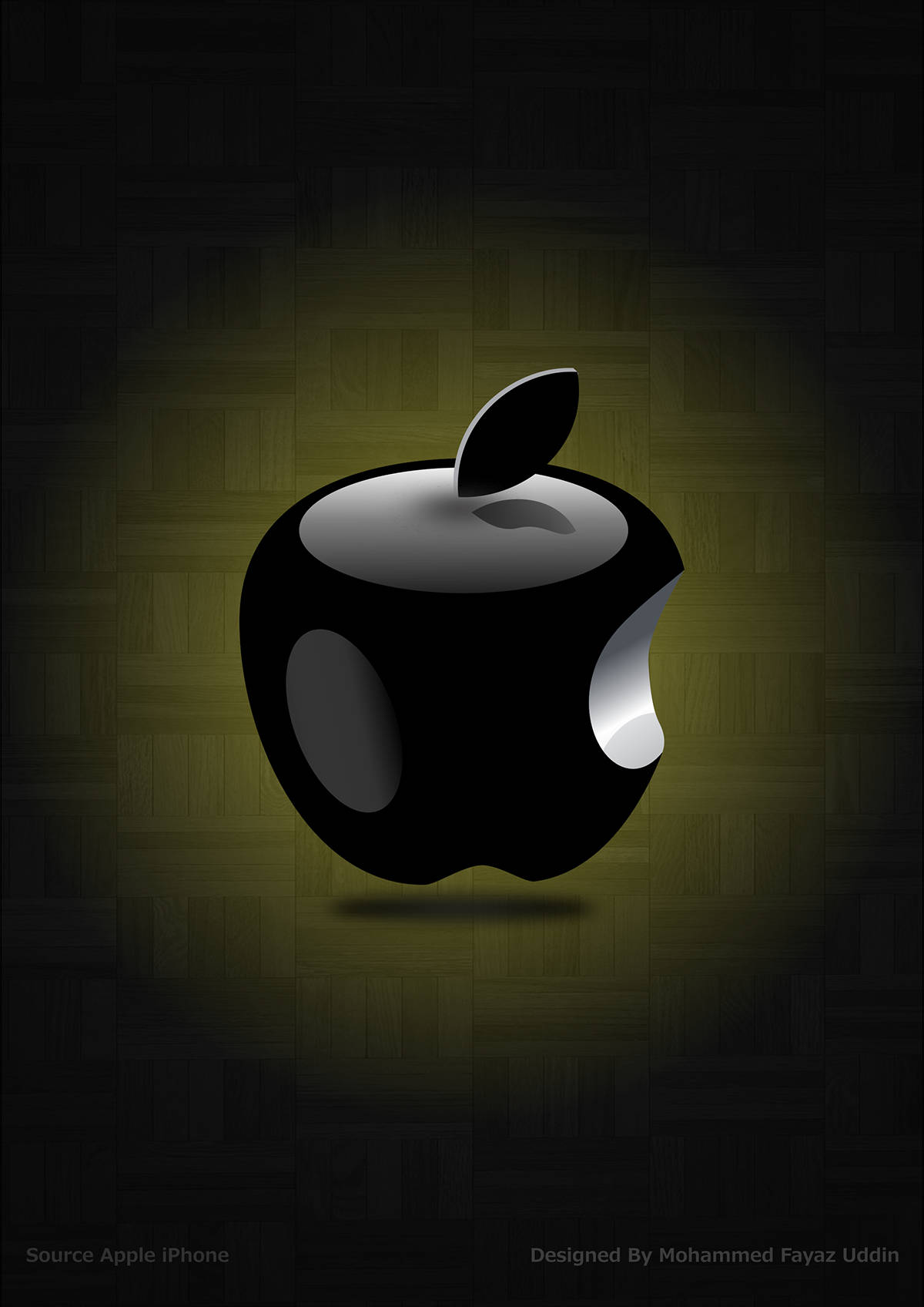 帶有咬痕的光澤黑色Apple標誌在深色木質背景上被照亮。 — 3D 壁紙