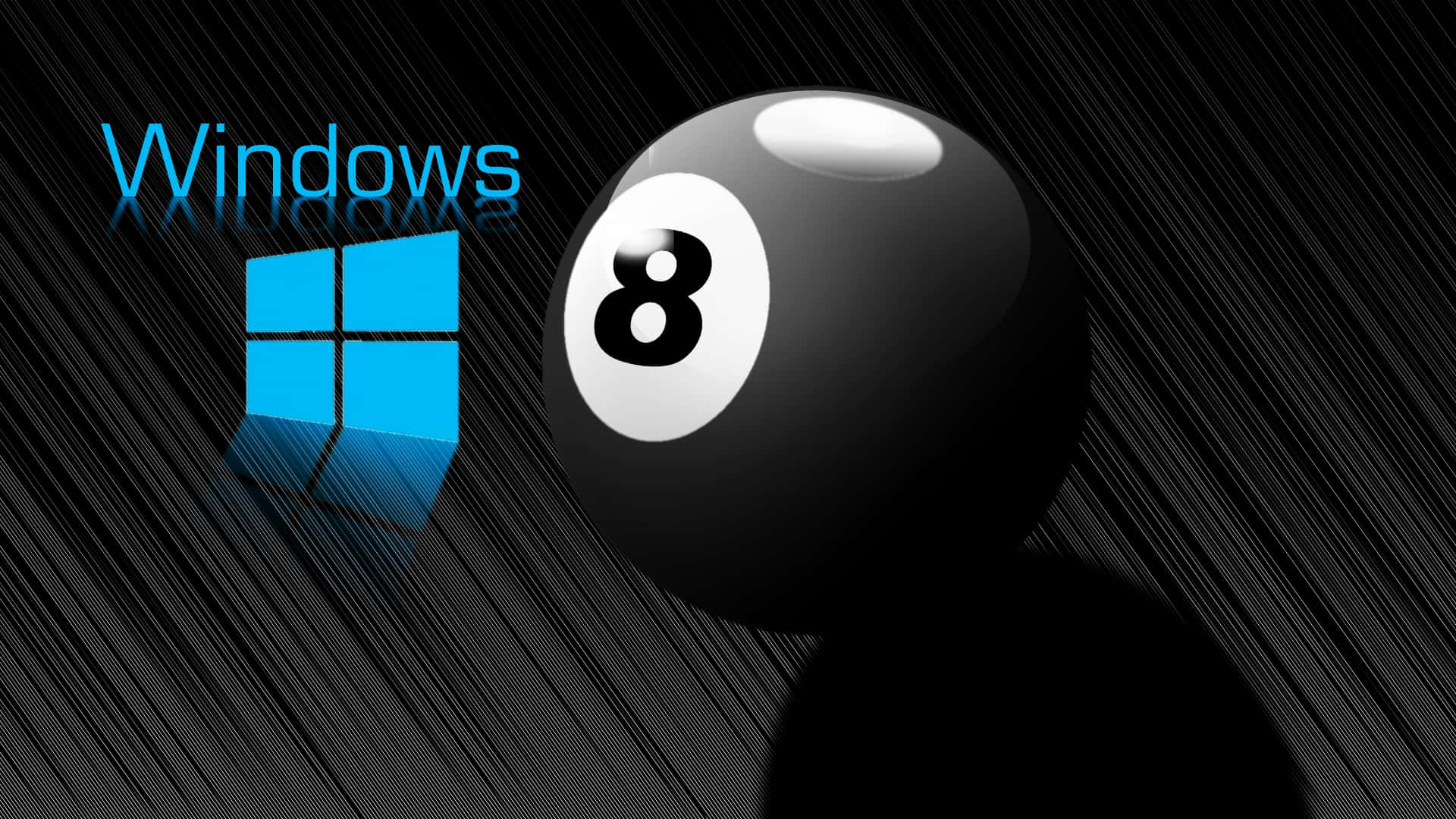  壁紙 — 一個光滑的黑色八號球，上面有數字八，位於藍色Windows 8標誌旁邊，背景為深色對角條紋。