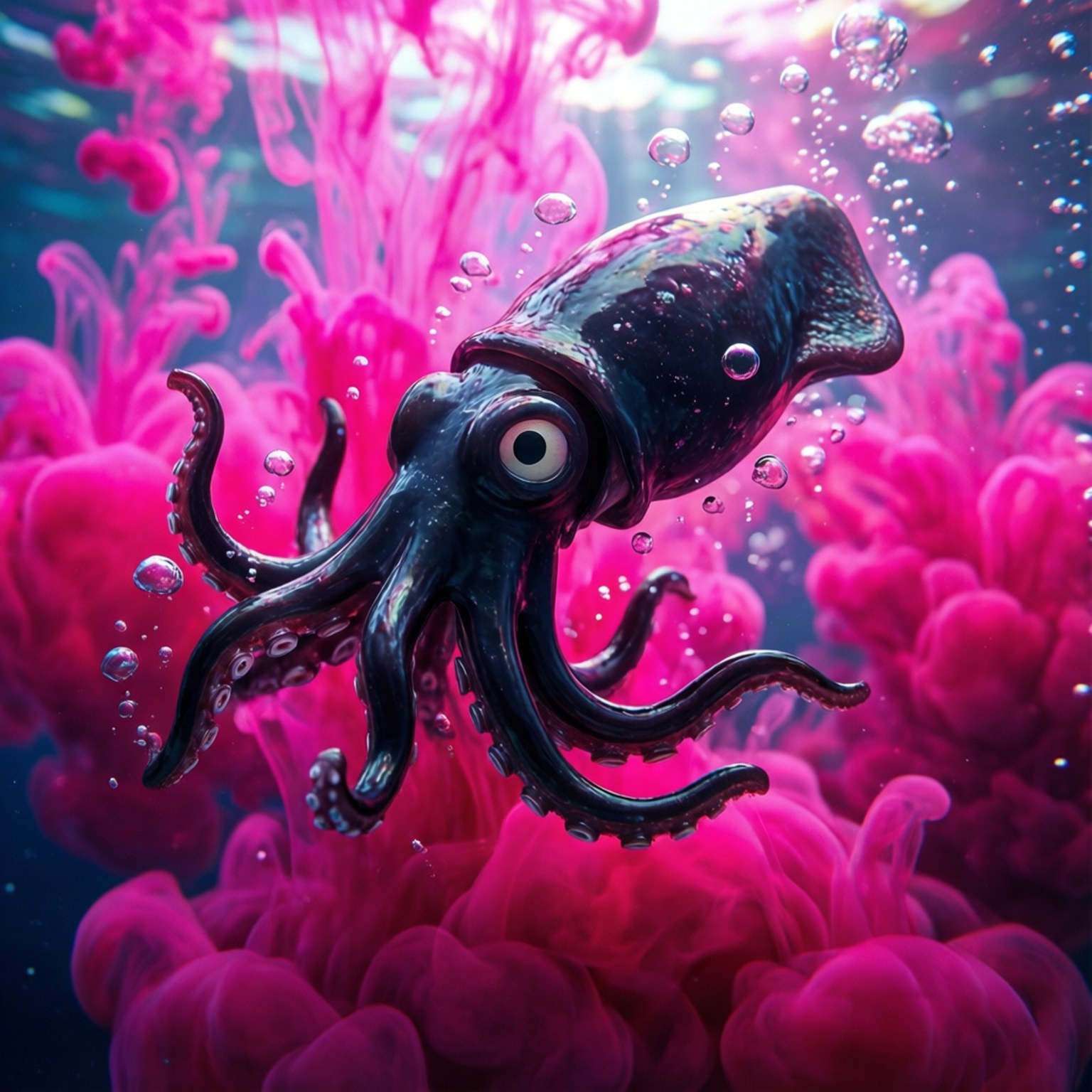 Squid Form Swim 壁紙 — 一隻光滑的黑色魷魚在充滿活力的粉紅色墨雲中游動，氣泡上升，形成超現實的水下場景。