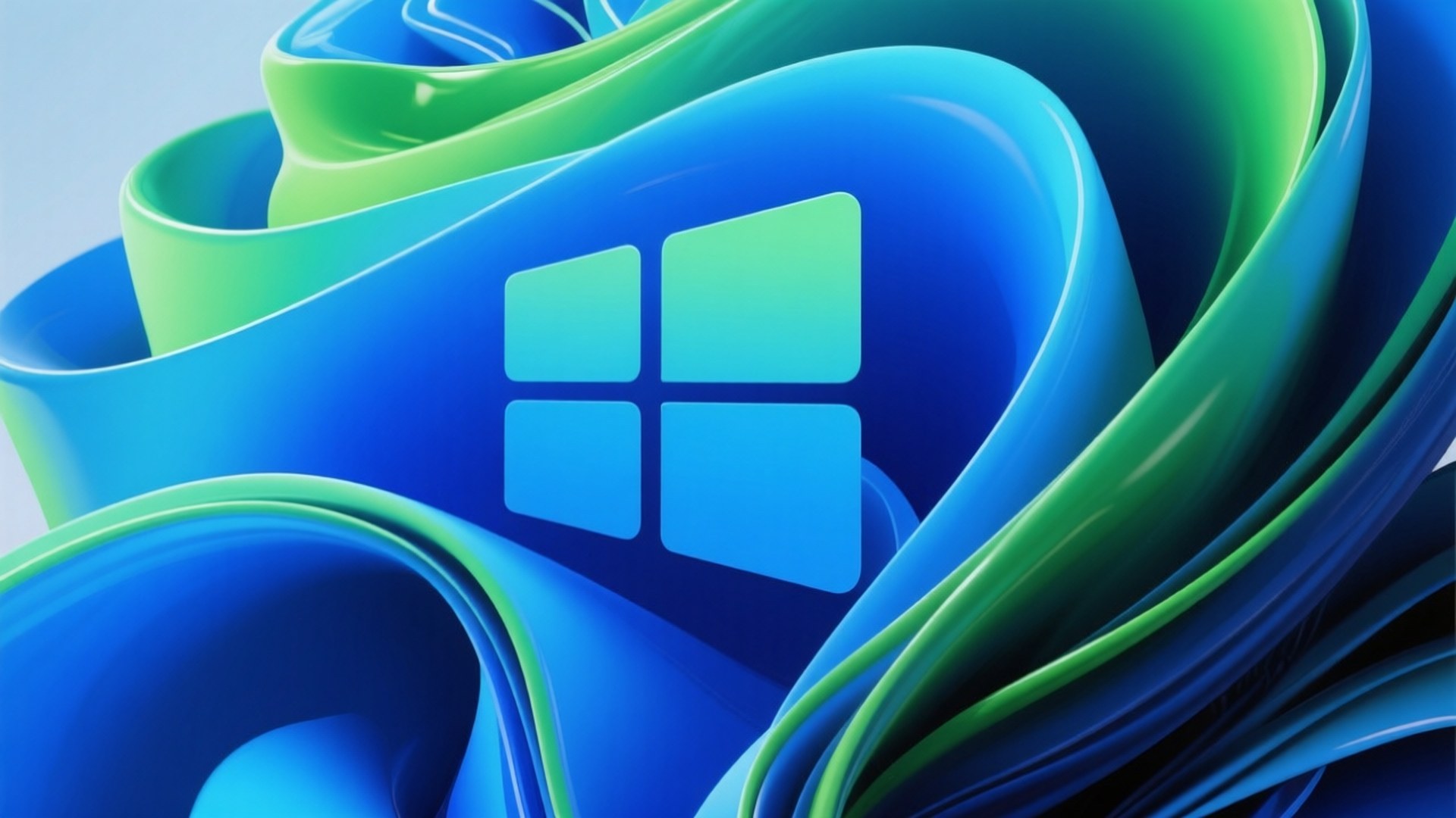 Windows 標誌居中於流動的藍色和綠色數位漩渦中 — Windows 11 壁紙