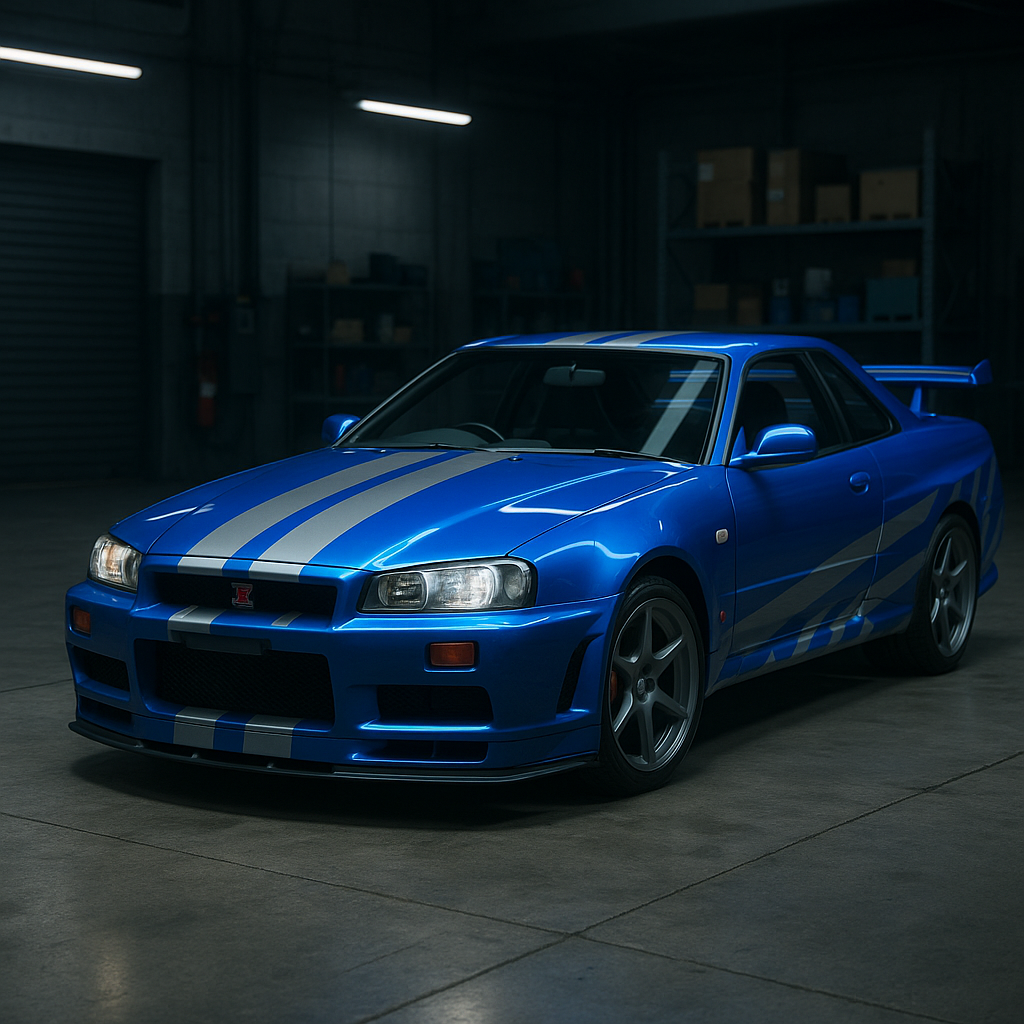 光澤藍色日產Skyline R34帶有銀色條紋，停在黑暗的工業車庫中。 — 日產 Skyline GTR R34 壁紙