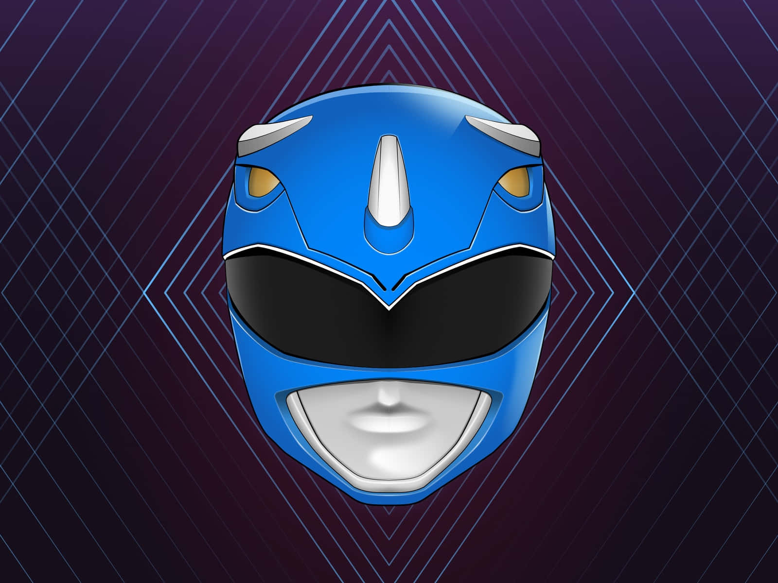  壁紙 — 一個閃亮的藍色Power Ranger頭盔，居中在帶有發光幾何線條的深紫色背景上。