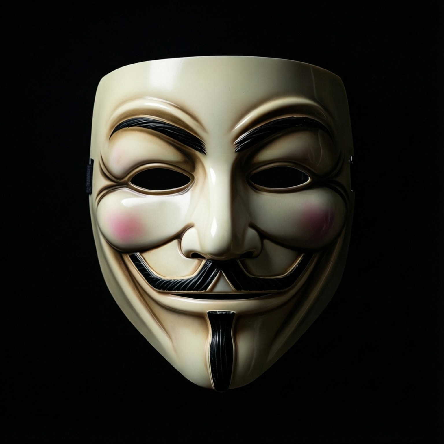 Minimalist Mask 壁紙 — 一個有光澤的奶油色蓋伊·福克斯面具，帶有黑色特徵和玫瑰色臉頰，在純黑色背景上發光。