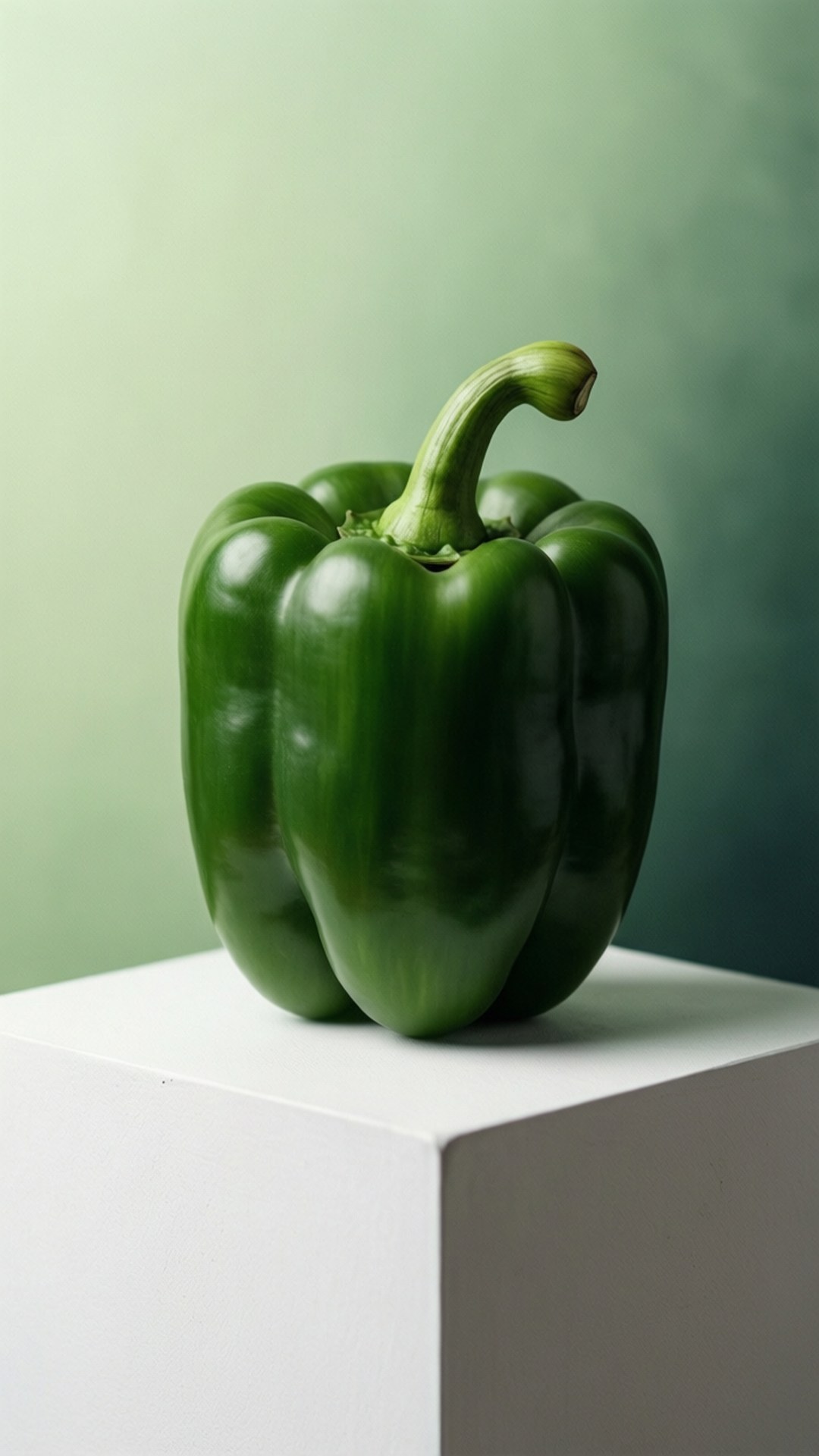 Minimalist Green Pepper 壁紙 — 一個有光澤的綠色甜椒放在白色底座上，背景是柔和的漸變綠色。