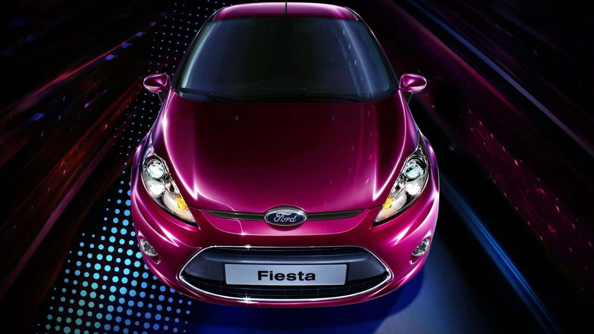 Ford Fiesta 桌布 壁紙 — 一輛亮面洋紅色的福特Fiesta正面朝向動感黑暗背景，背景上有霓虹燈和發光點。