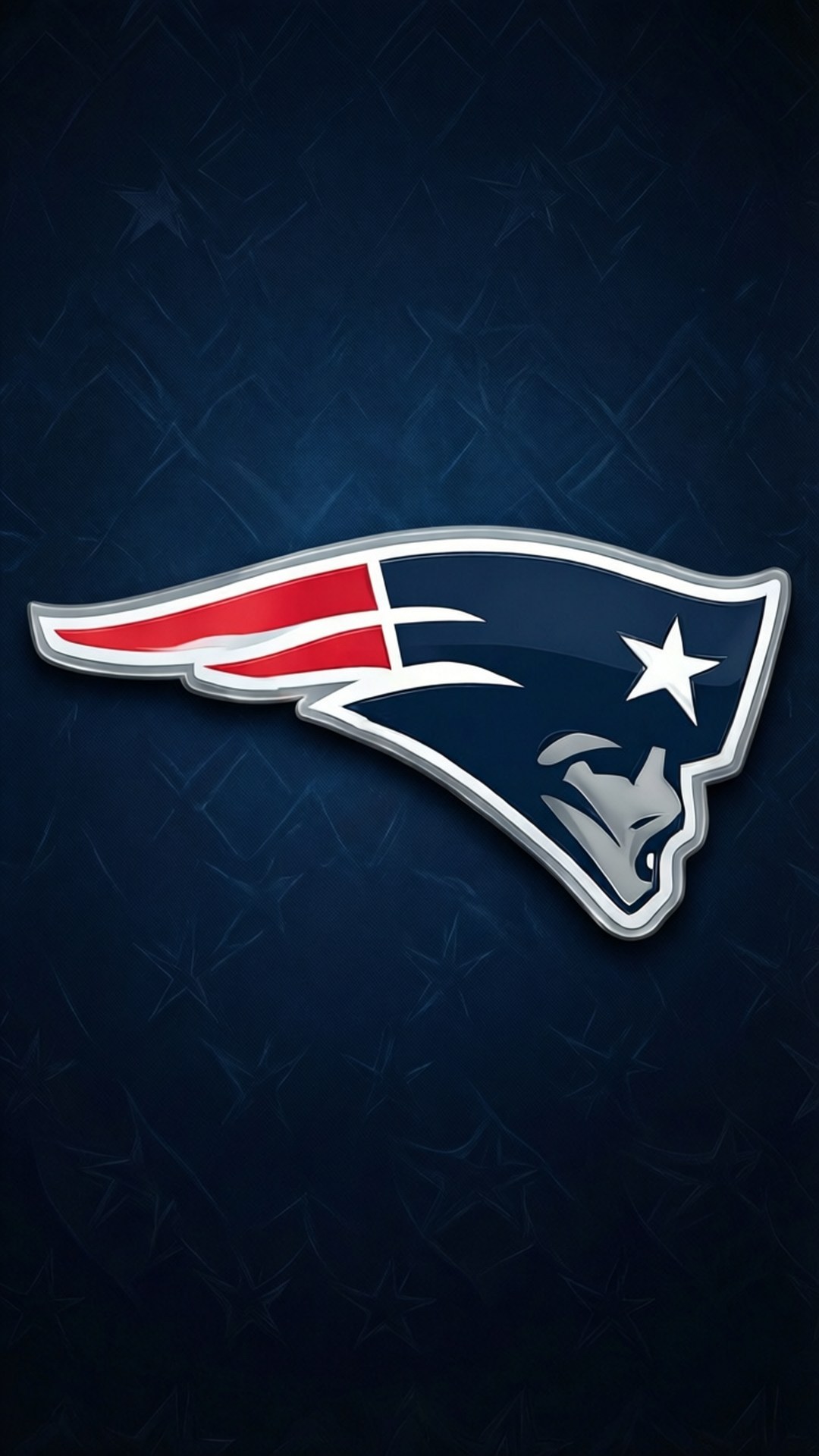 Patriots Logo Glossy 壁紙 — 帶有紅、白、藍色調的光澤新英格蘭愛國者標誌，在帶有微弱星星的紋理深藍色背景上脫穎而出。