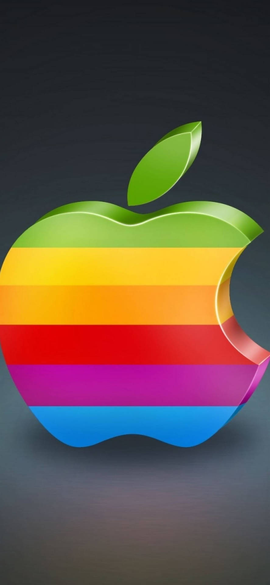 光澤彩虹Apple標誌，綠色葉片，深色漸變背景 — 3D 壁紙
