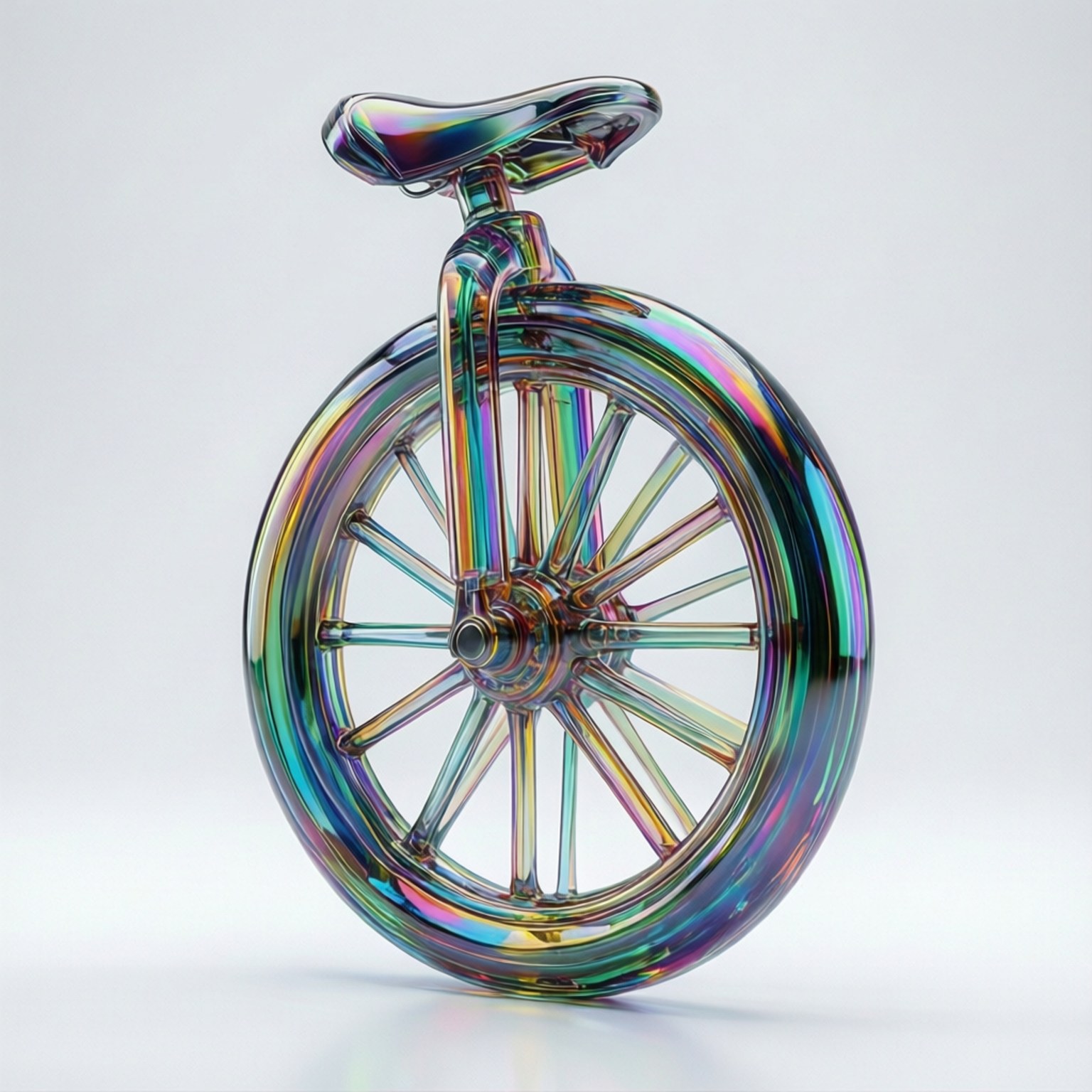 unicycle 桌布 壁紙 — 一輛帶有彩虹色光澤鍍鉻表面的獨輪車，孤立地立在純白色背景上。