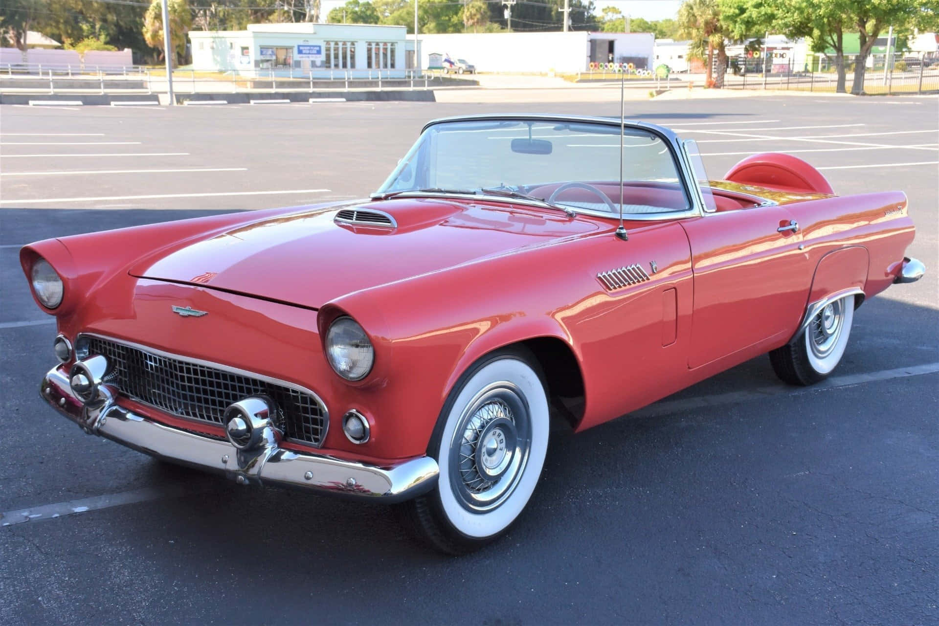 Ford Thunderbird 桌布 壁紙 — 一輛閃亮的紅色1950年代福特雷鳥敞篷車停放在陽光明媚的瀝青停車場，帶有鍍鉻裝飾和白色輪胎壁。