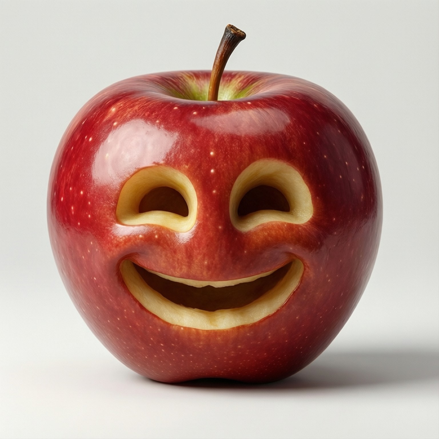 Smiling Apple 3D 壁紙 — 一個光滑的紅蘋果，上面刻有微笑的臉和莖，背景是純白色。