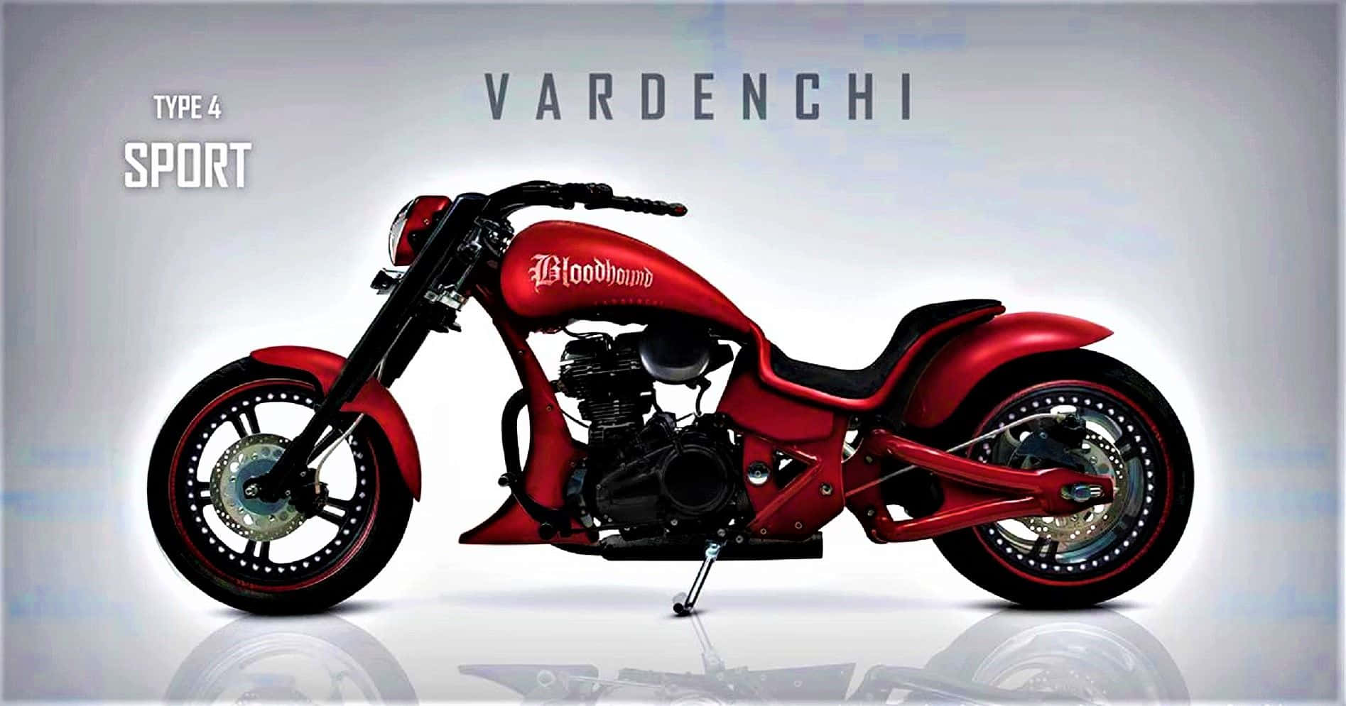 Vardenchi 桌布 壁紙 — 一輛帶有 'Bloodhound' 品牌標誌的亮紅色 chopper 摩托車，在漸變灰色背景的攝影棚燈光下展示。