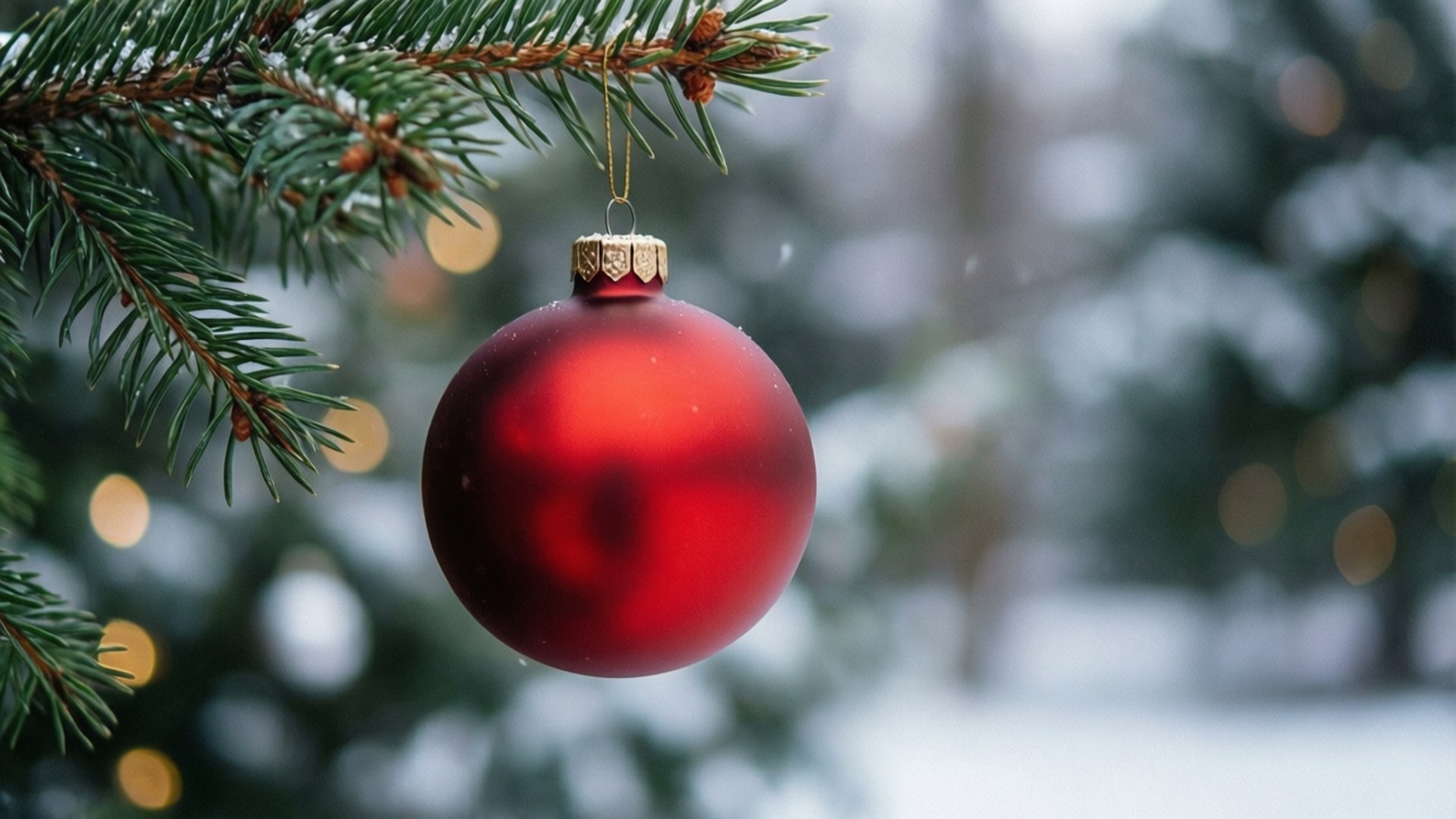 Red Ornament Close-up 壁紙 — 一個光澤的紅色聖誕裝飾品掛在灑滿雪的松樹枝上，背景是柔和模糊的冬季森林。