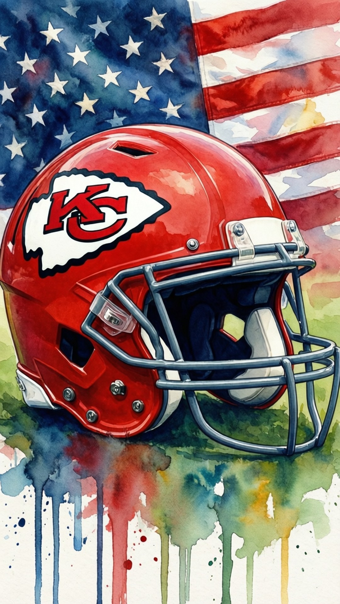 Watercolor Helmet Flag 壁紙 — 一個亮面紅色堪薩斯城酋長頭盔放在水彩美國國旗前，下方有油漆滴落。