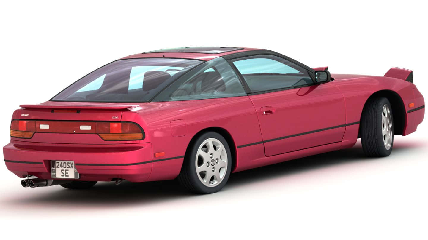  壁紙 — 一輛亮紅色的日產240SX SE跑車，以四分之三後視角度展示在潔白的攝影棚背景前。
