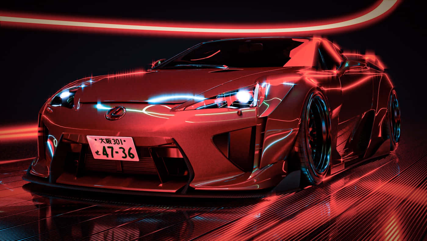 Lexus Lfa 桌布 壁紙 — 一輛光澤的紅色跑車在未來主義的工作室環境中，在霓虹紅和藍光下發光。