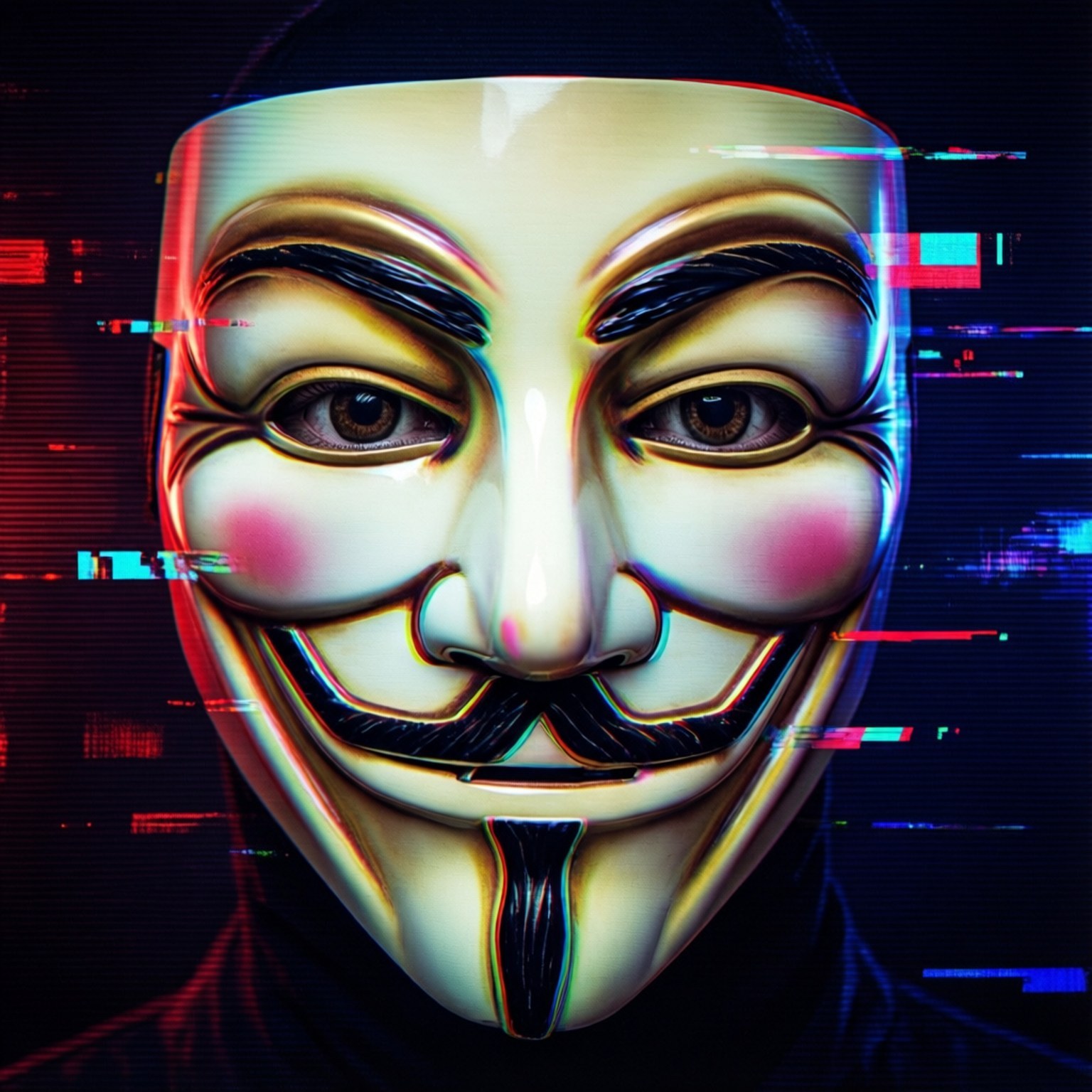 Glitched Identity 壁紙 — 一個帶有粉紅色臉頰和黑色鬍鬚的光澤白色蓋伊·福克斯面具，在帶有紅色、藍色和青色數位故障效果的黑暗背景中發光。