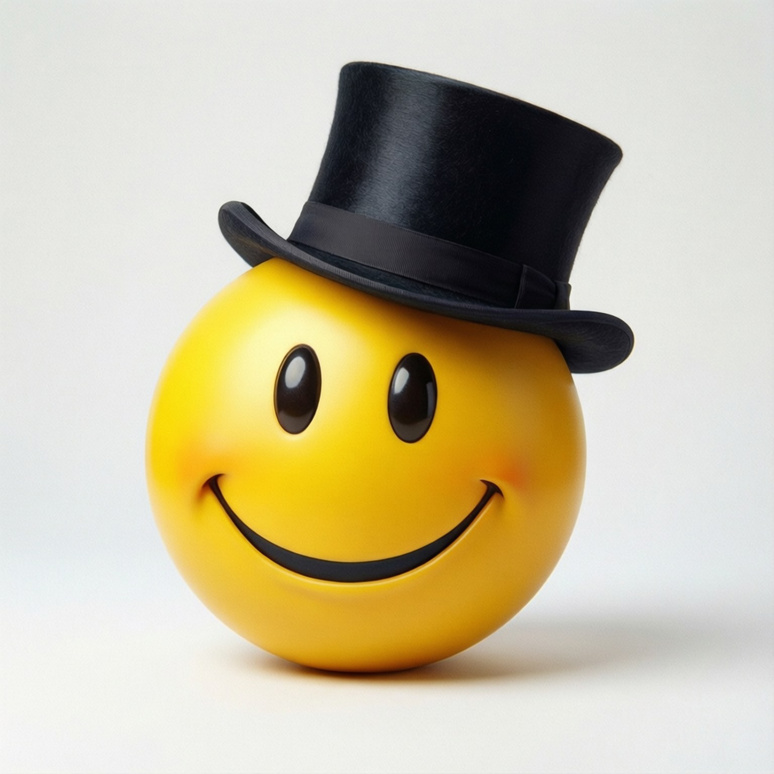 Top Hat Smiley 壁紙 — 一個光澤的黃色笑臉戴著黑色高頂帽，背景為純白色。