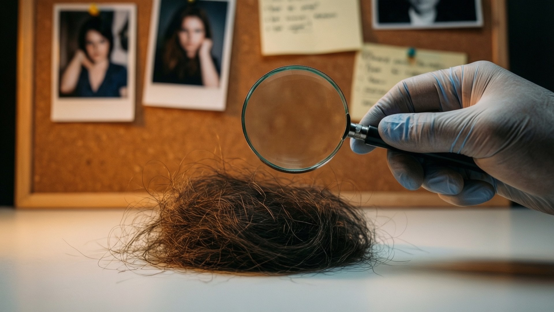 Forensics 桌布 壁紙 — 一隻戴著手套的手拿著放大鏡，放在白色表面上的一堆深色頭髮上方，背景是一個貼滿照片和便條的軟木公告板。