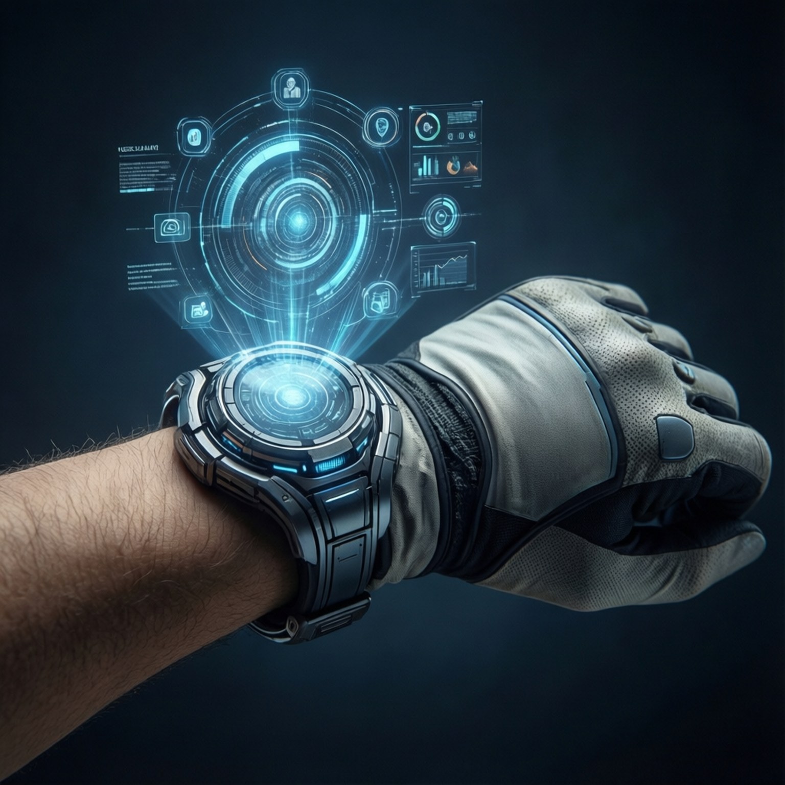 Holographic Wrist Device 壁紙 — 戴著手套的手戴著一個未來風格的腕戴裝置，在黑暗背景上投射出發光的藍色全息數據介面。