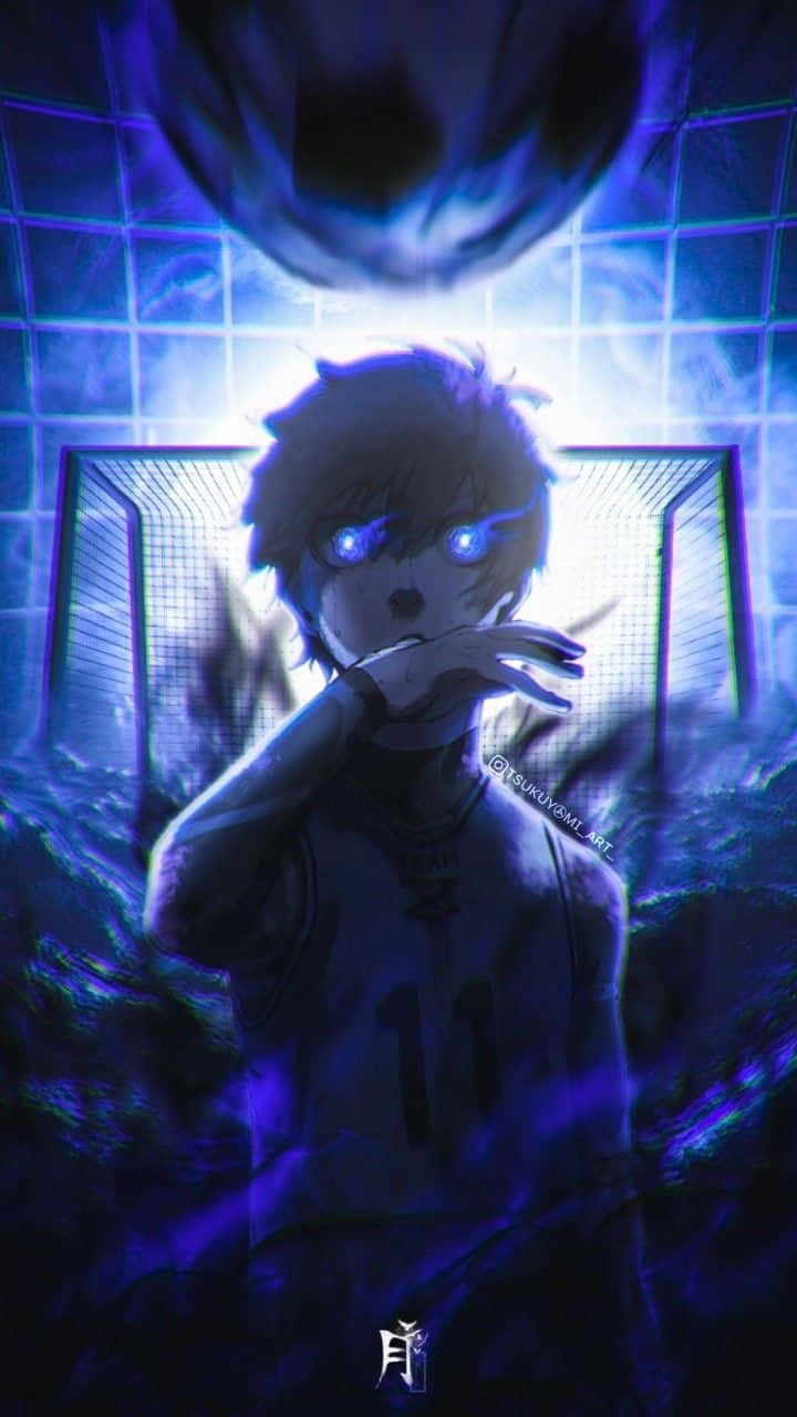 壁紙 — 一個發光的動漫男孩穿著足球球衣，站在一個藍色發光的網格隧道中，上方漂浮著一個球。